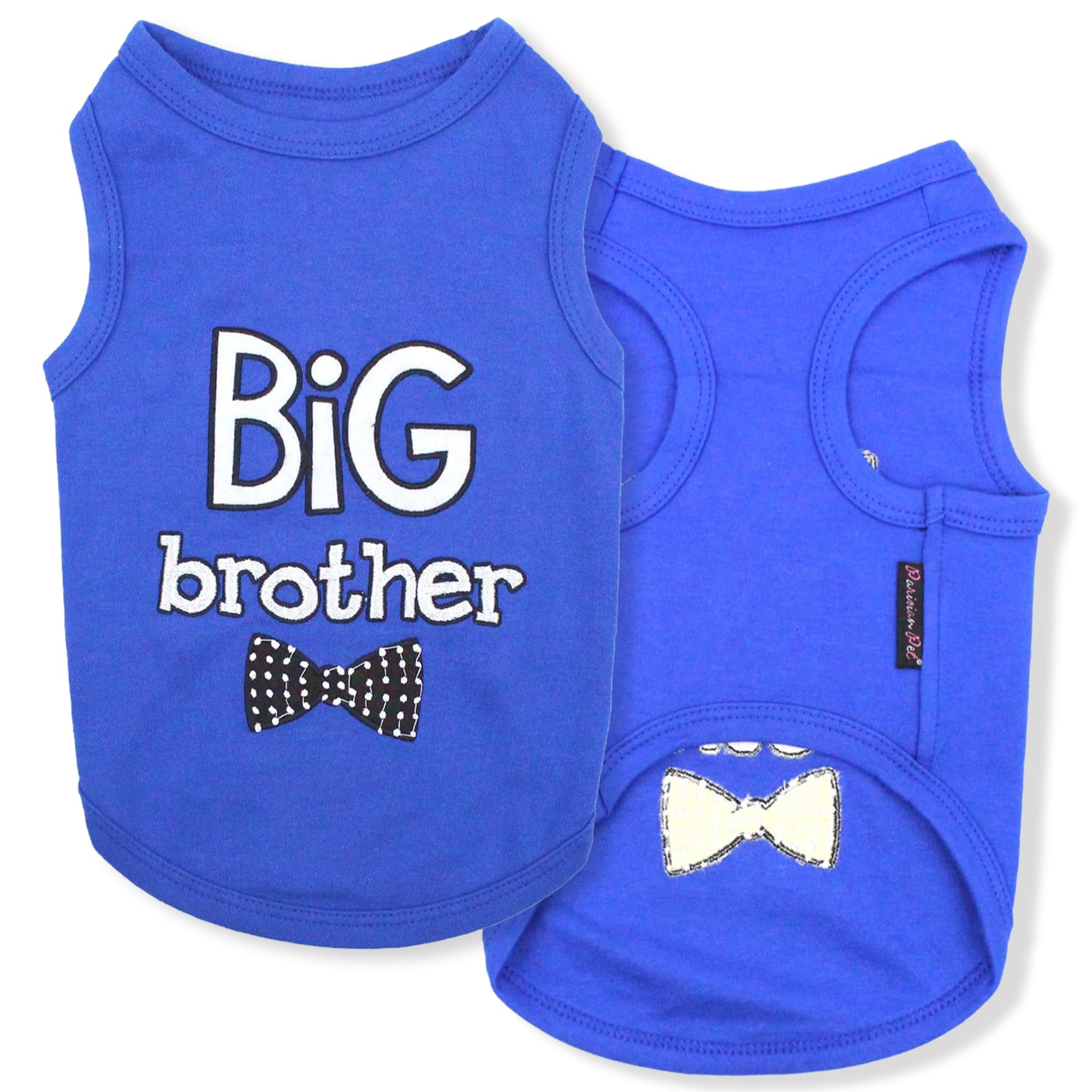 Parisian Pet Dog T-Shirt With Embroidered ' Big Brother ' Words - 100% Cotton, Big Brother Dog Shirt - Sleeveless Pet Vest - Machine Washable Blue Dog Shirt For Large Dogs, L