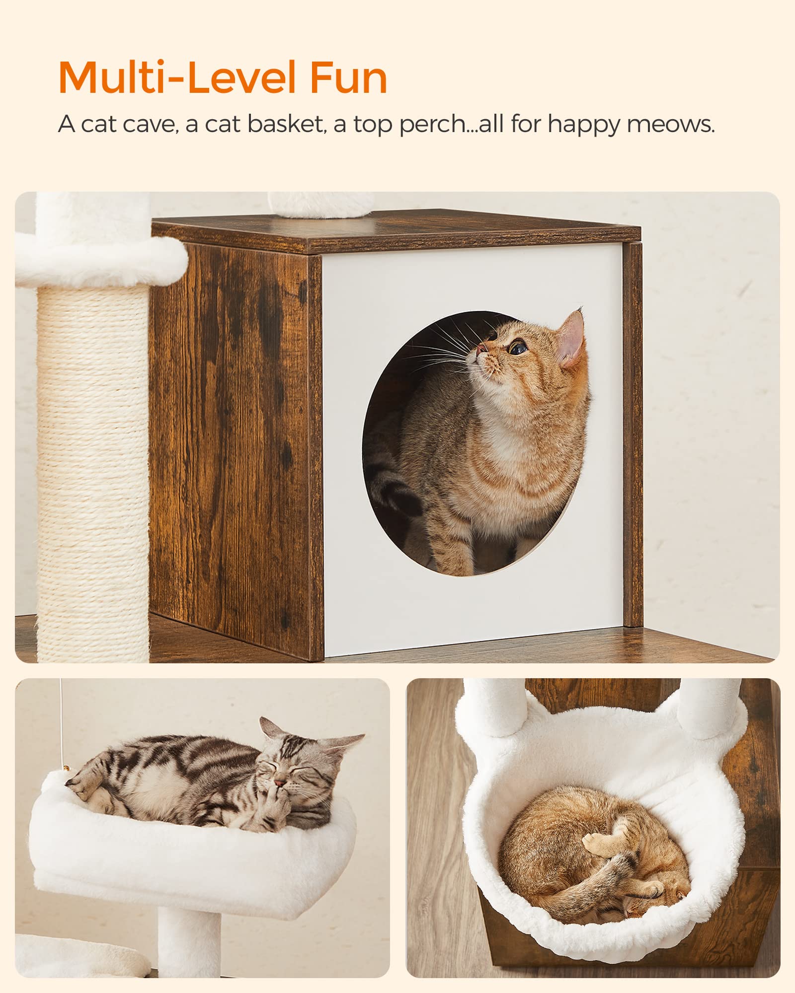 FEANDREA Cat Tree with Litter Box Enclosure, 22.6"x19.7"x55.1", Rustic Brown, 2-in-1 Design, Plush Material, Scratching Posts
