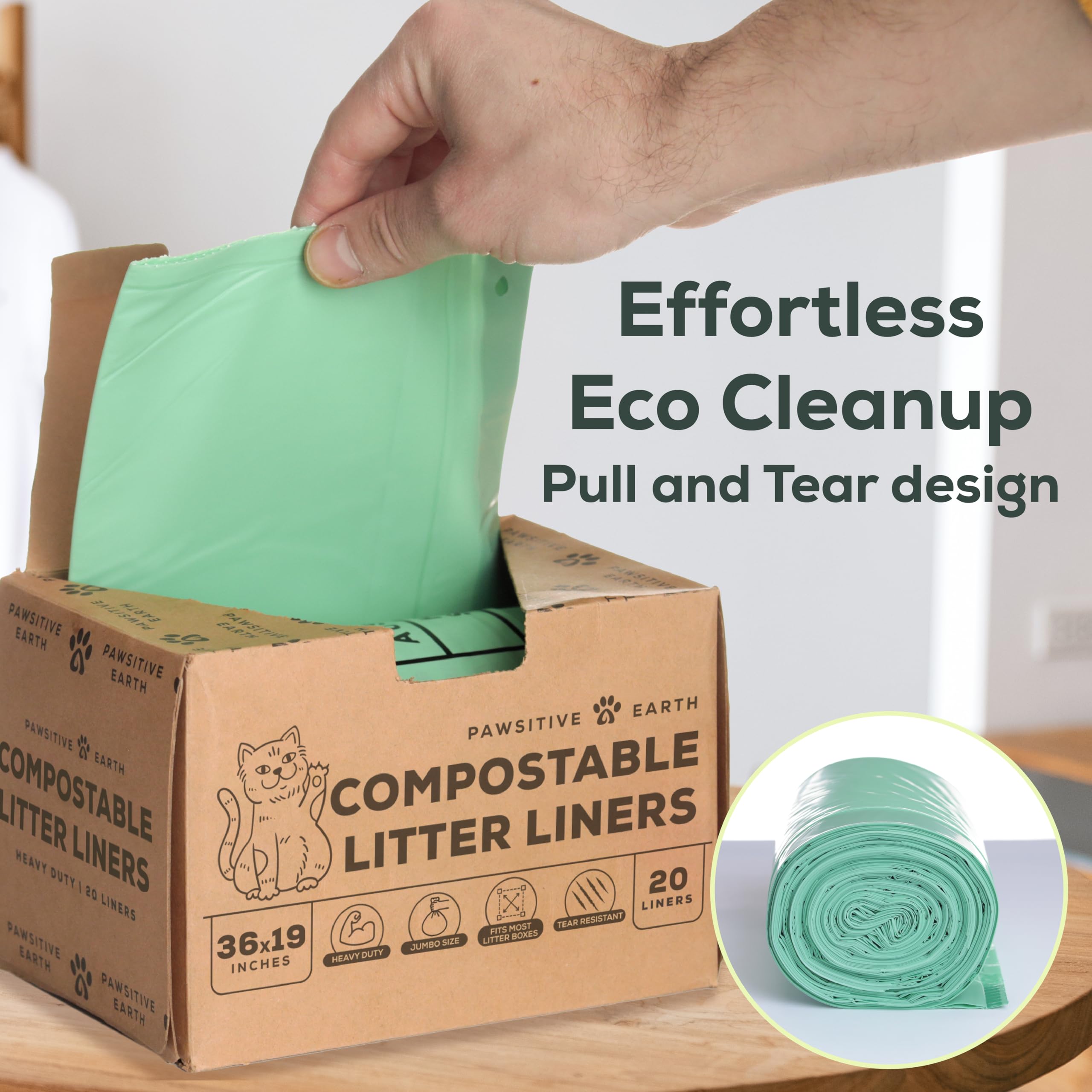 Cat Litter Box Liners 100% Compostable - Drawstring Close - 20 Count - Jumbo Size 36'' X 19'' - Tear & Leak Resistant - Ok Compo