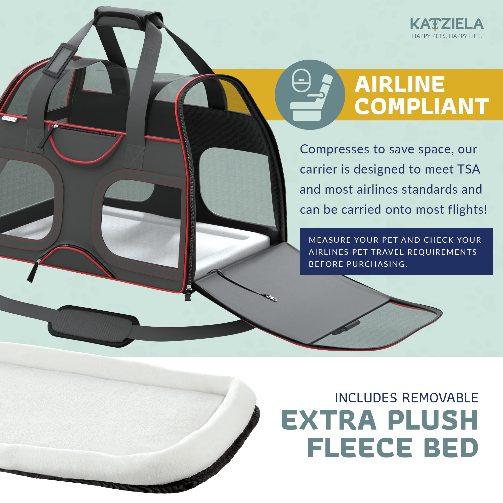Katziela Pet Carrier - Airline Compliant - Tsa Approved Pet Carrier For Small Dogs And Cats - Soft Faa Travel Airplane Dog Carrier Luggage (Black/Red)