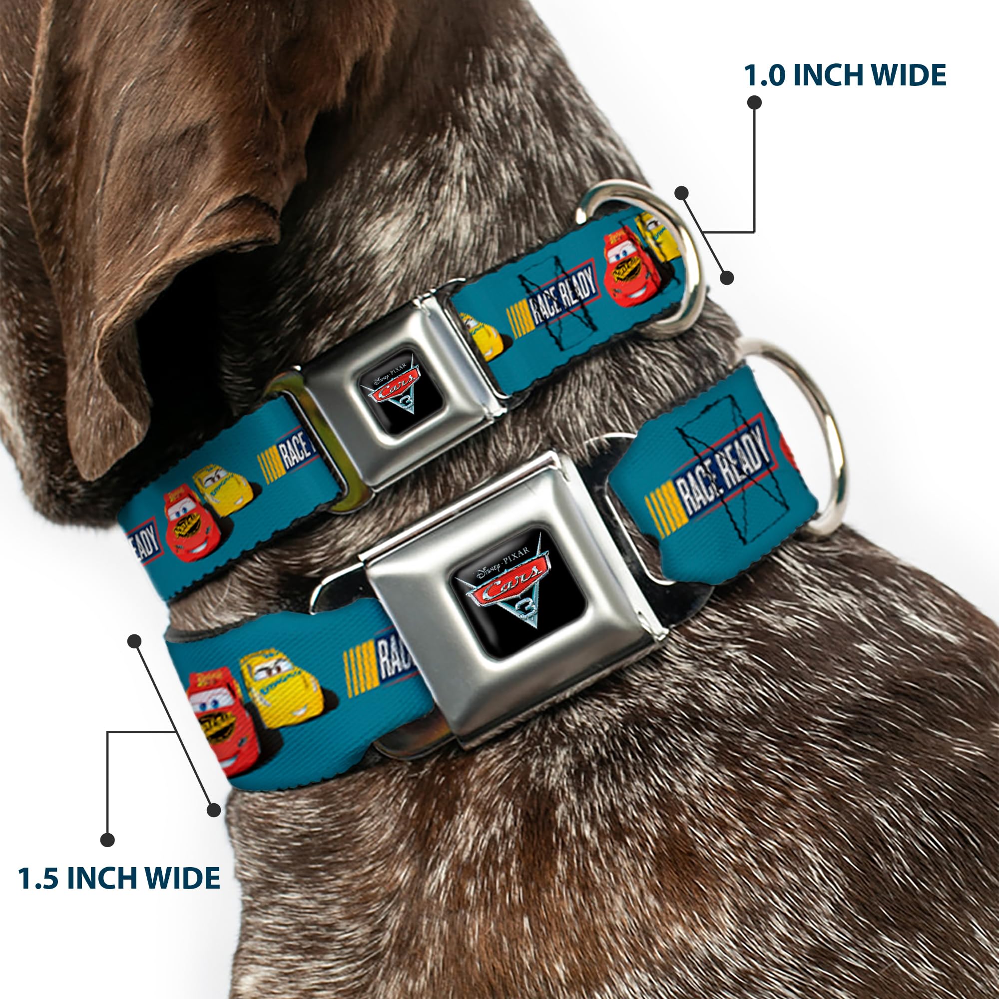 Buckle-Down Dc-Wdy417-Wm Seatbelt Dog Collar, Wide Medium, Cars 3 Lightning Mcqueen/Cruz Ramirez Pose Race Ready Blue/Yellow/Red