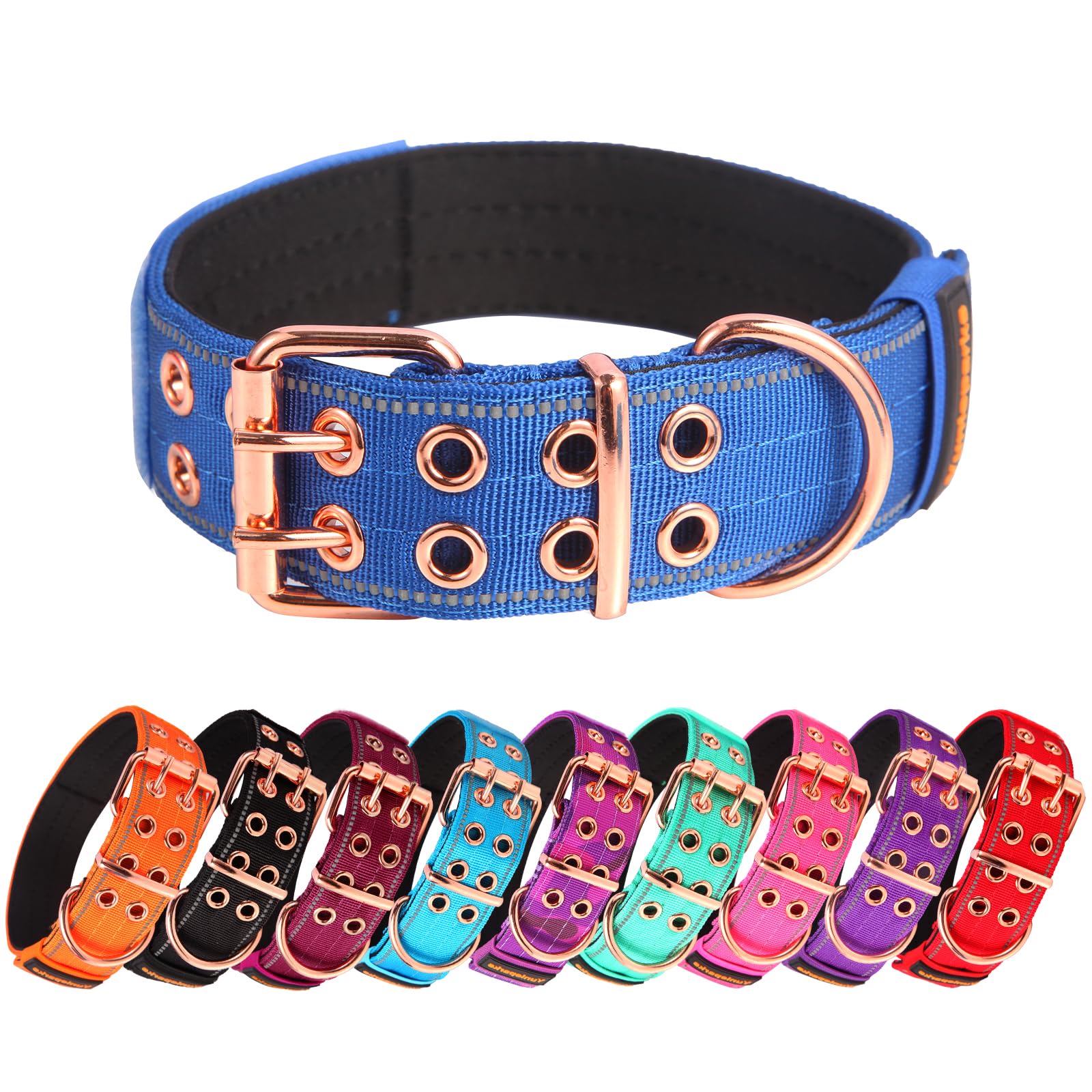 Yunleparks Heavy Duty Tactical Dog Collar With Neoprene Padded And Metal Buckle, Reflective Nylon For Medium To Large Dogs(Blue,