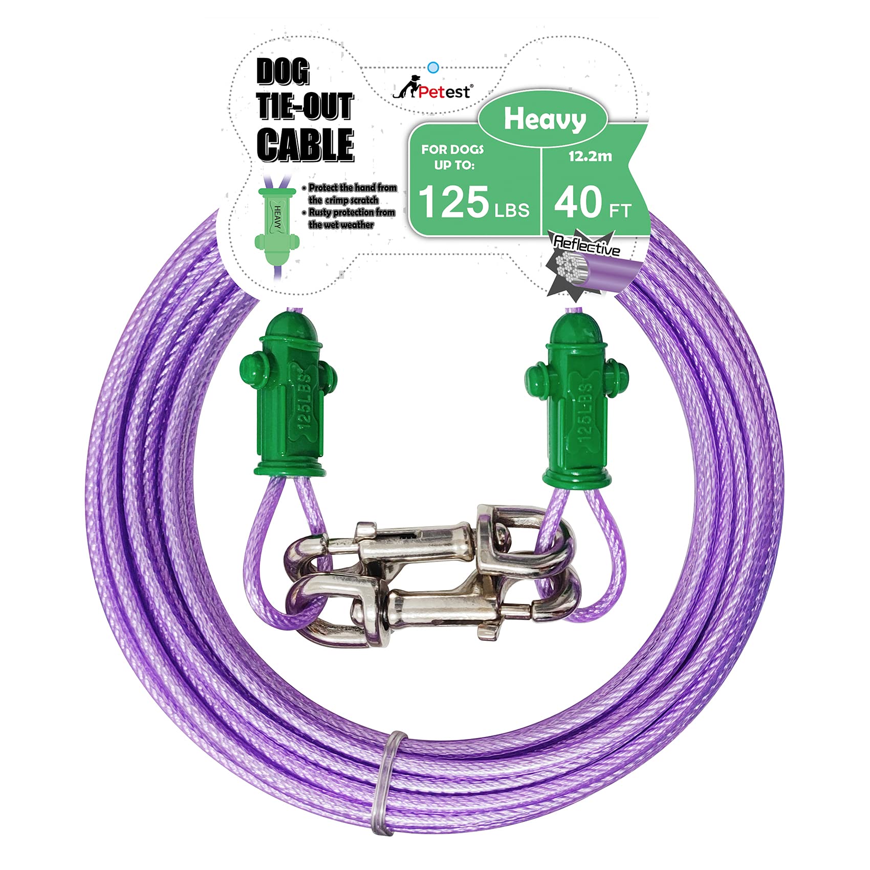 Petest Reflective Tie Out Cable with Crimp Cover for Heavy Dogs Up to 125 Pounds, 40 Feet