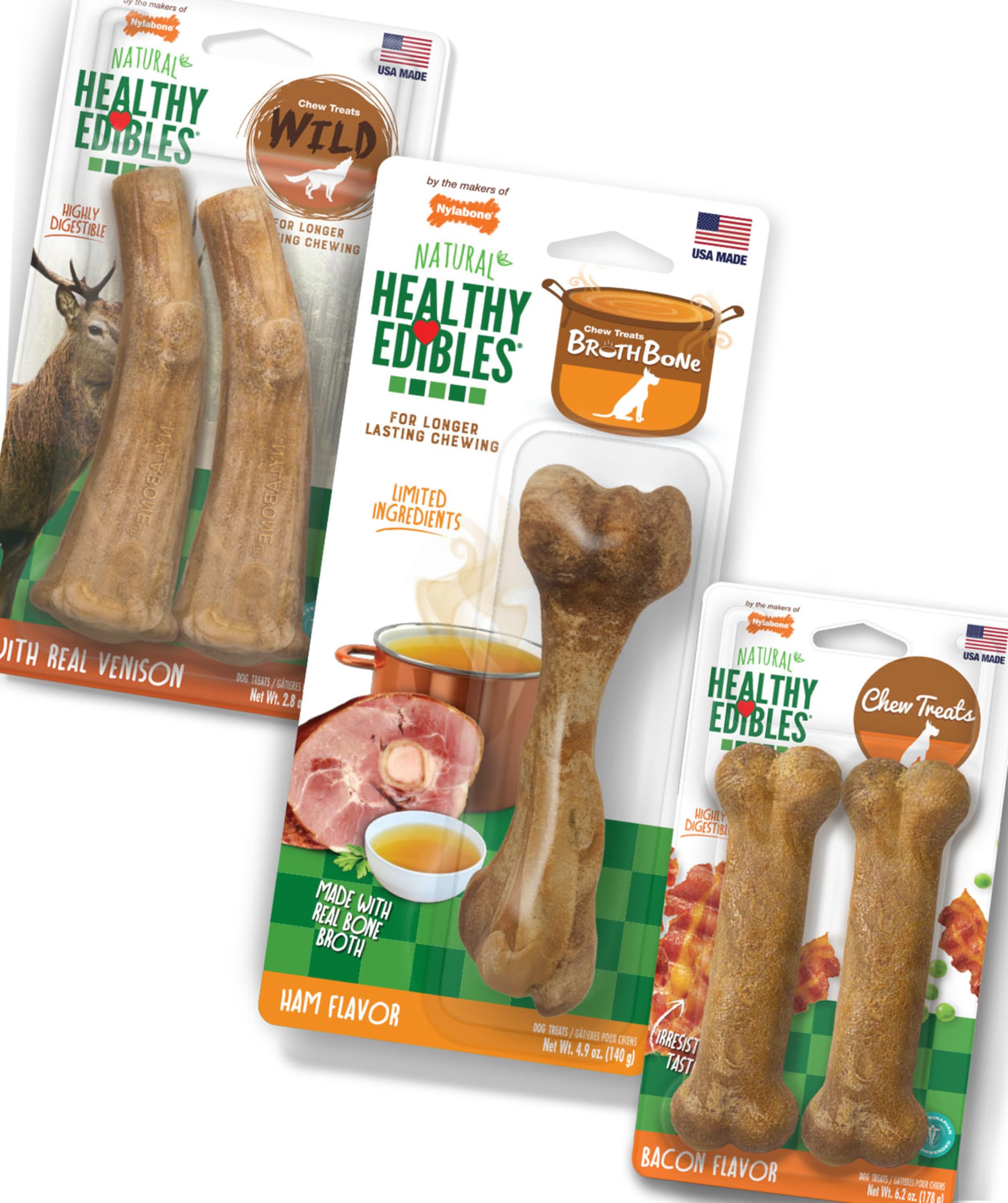 Nylabone Healthy Edibles Natural Dog Chews, Long Lasting Bones for Dogs, Ham, Bacon, & Venison Flavor Dog Treats, Medium (5 Coun