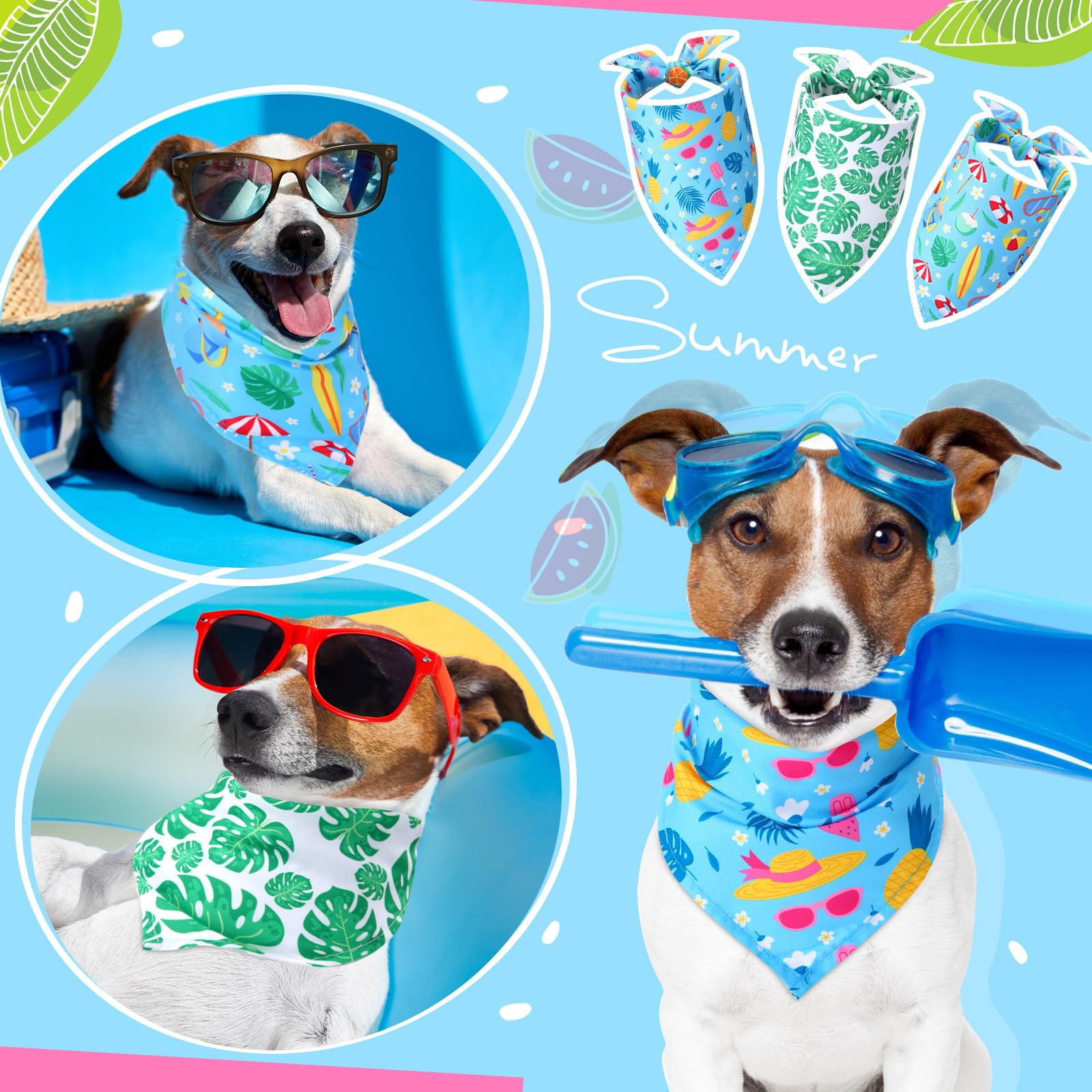 Sweetude 100 Pieces Hawaiian Dog Bandanas Bulk,Summer Bandanas For Dogs Fruit Flamingo Palm Leaves Pattern Pet Triangle Scarf Pu
