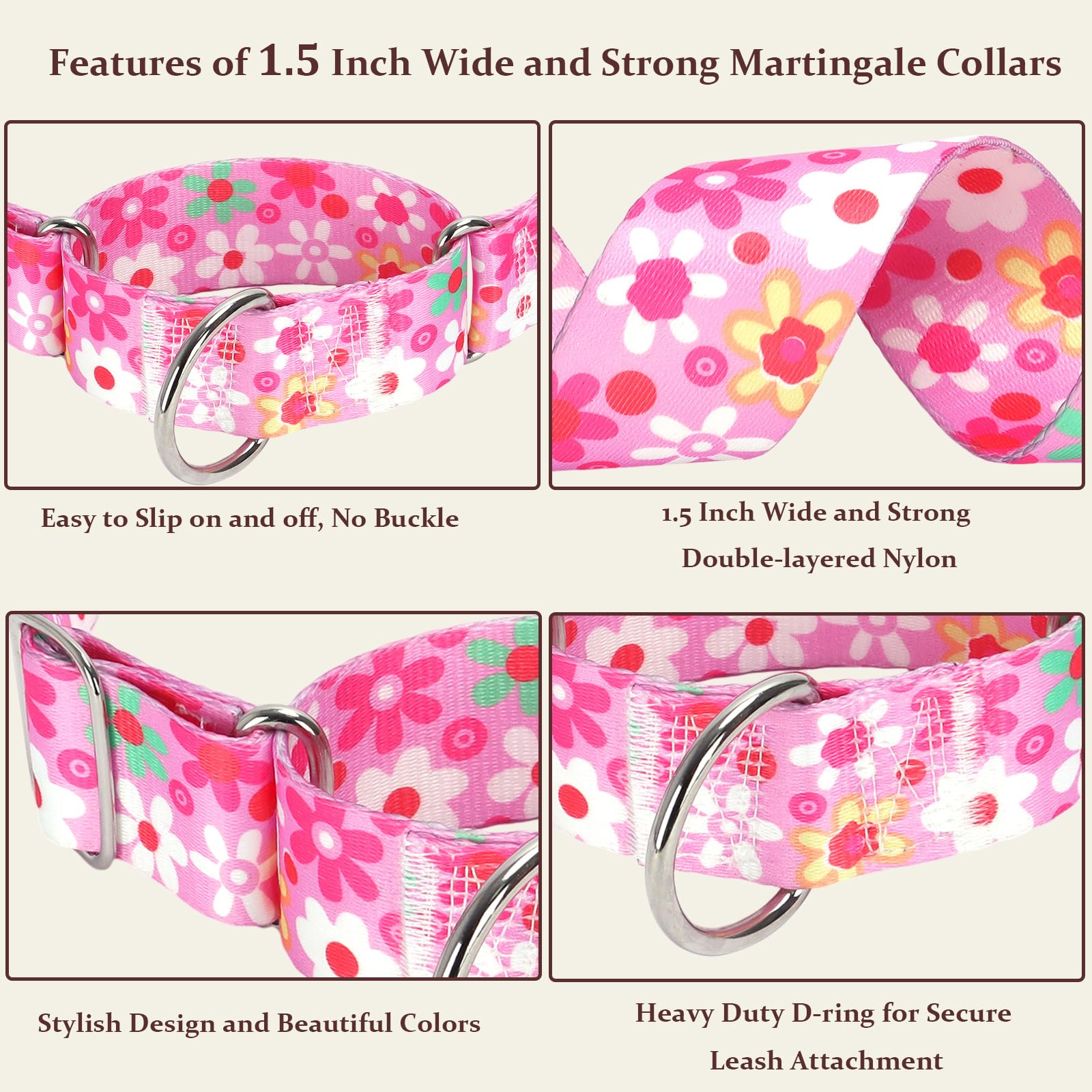 Maowuwujoz 1.5 Inch Wide Martingale Dog Collar - No Pull Choke Cinch Escape Proof Training For Large Dogs, Soft Nylon Durable Co