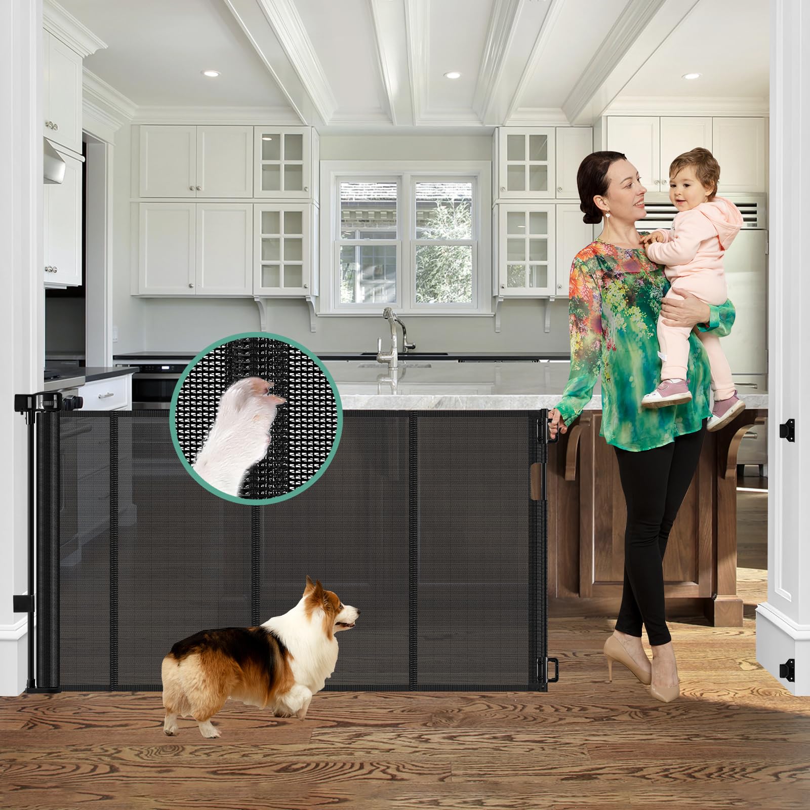 Reinforced 60 Wide Retractable Baby Gates with Upgraded Rods - Bottom Anti-Escape, 5 ft Mesh Baby Gate Retractable Dog Gate Indo