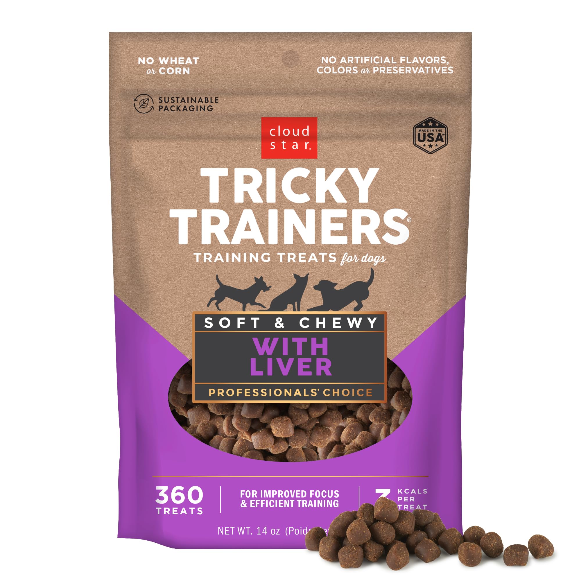 Cloud Star Tricky Trainers Soft & Chewy Dog Training Treats 14 oz Pouch, Liver Flavor, Low Calorie Behavior Aid with 360 treats