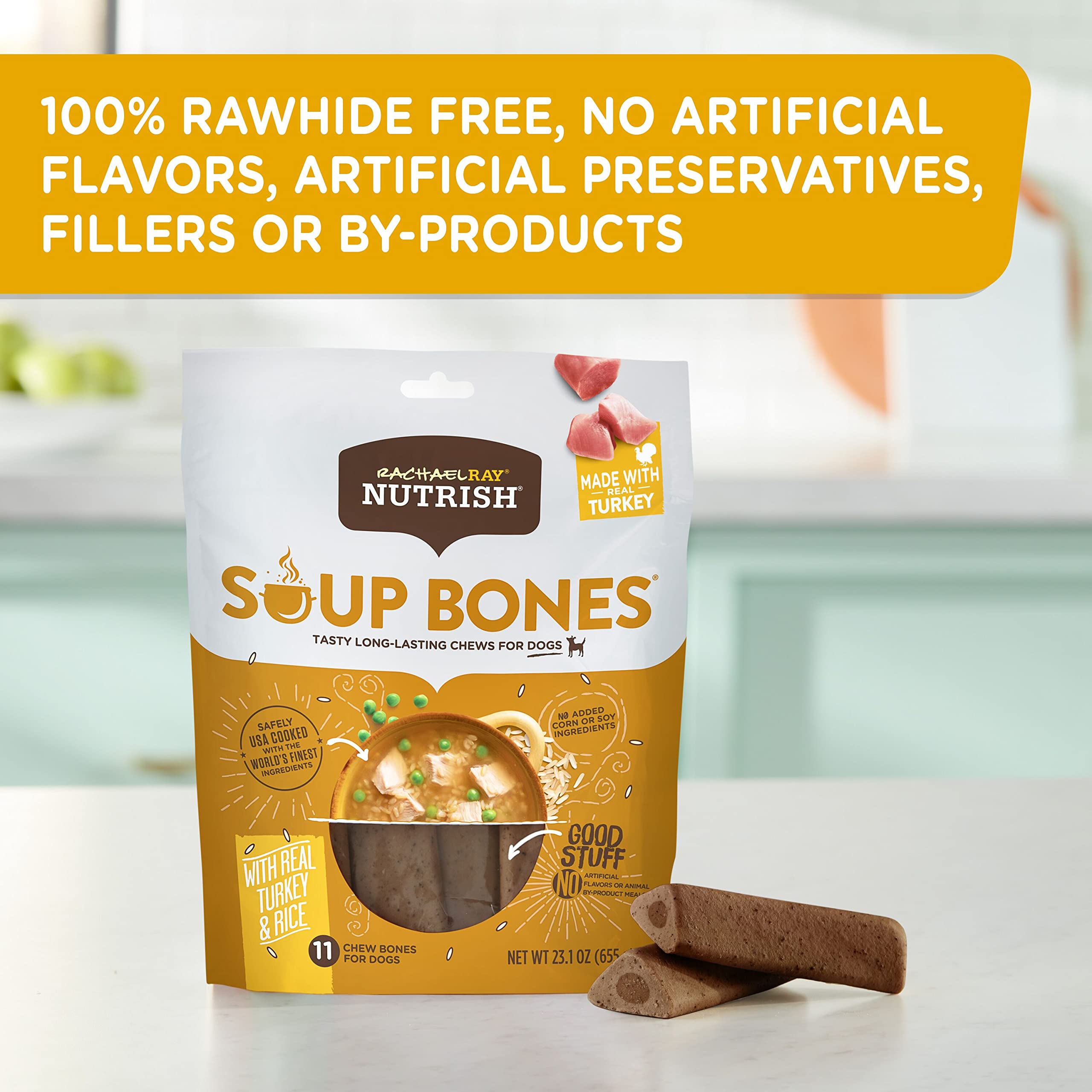 Rachael Ray Nutrish Soup Bones Dog Treats, Real Turkey & Rice Flavor, 3 Bones (Pack of 8)
