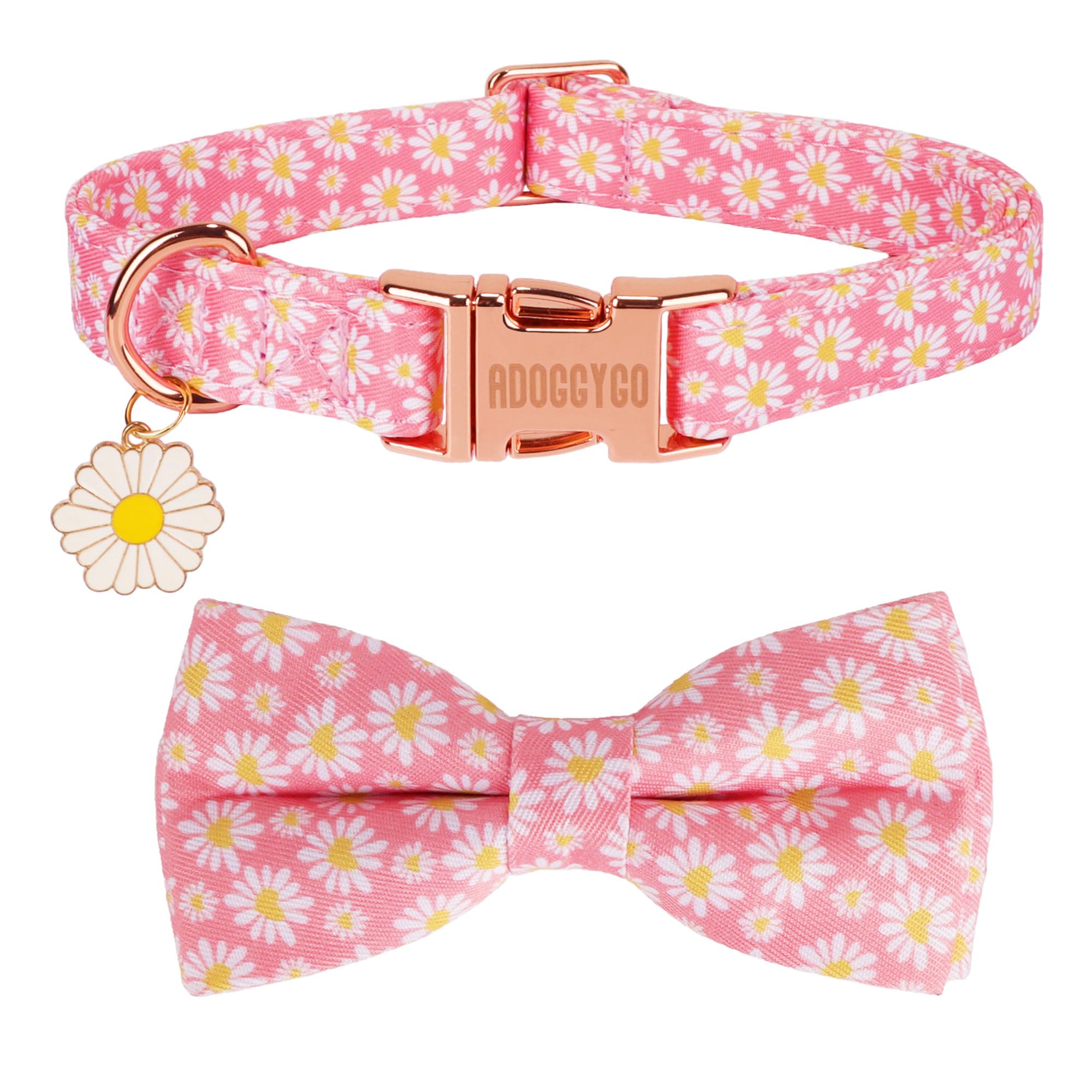 Adoggygo Floral Dog Collar With Bowtie, White Daisy Dog Flower Collar With Metal Buckle, Adjustable Pink Dog Floral Collars For 