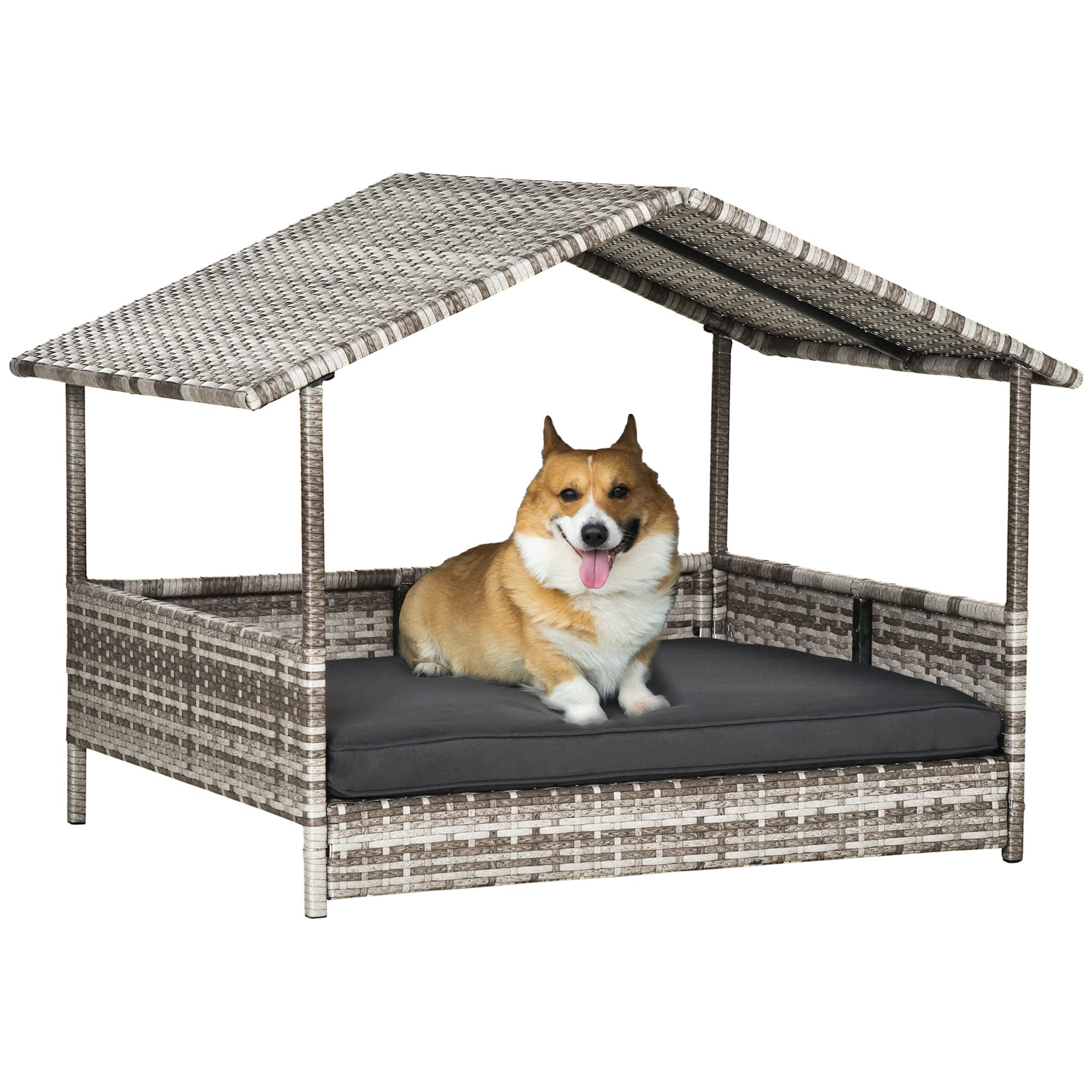 PawHut Wicker Dog House Elevated Raised Rattan Bed for Indoor/Outdoor with Removable Cushion Lounge, Charcoal Grey