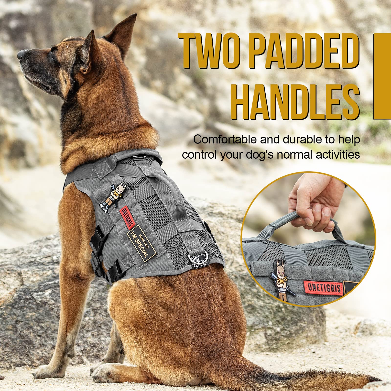 ONETIGRIS Tactical Dog Harness for Medium Dogs, No Pull, Breathable Grey Military Vest, Aire Mesh with Handles for Hiking & Training