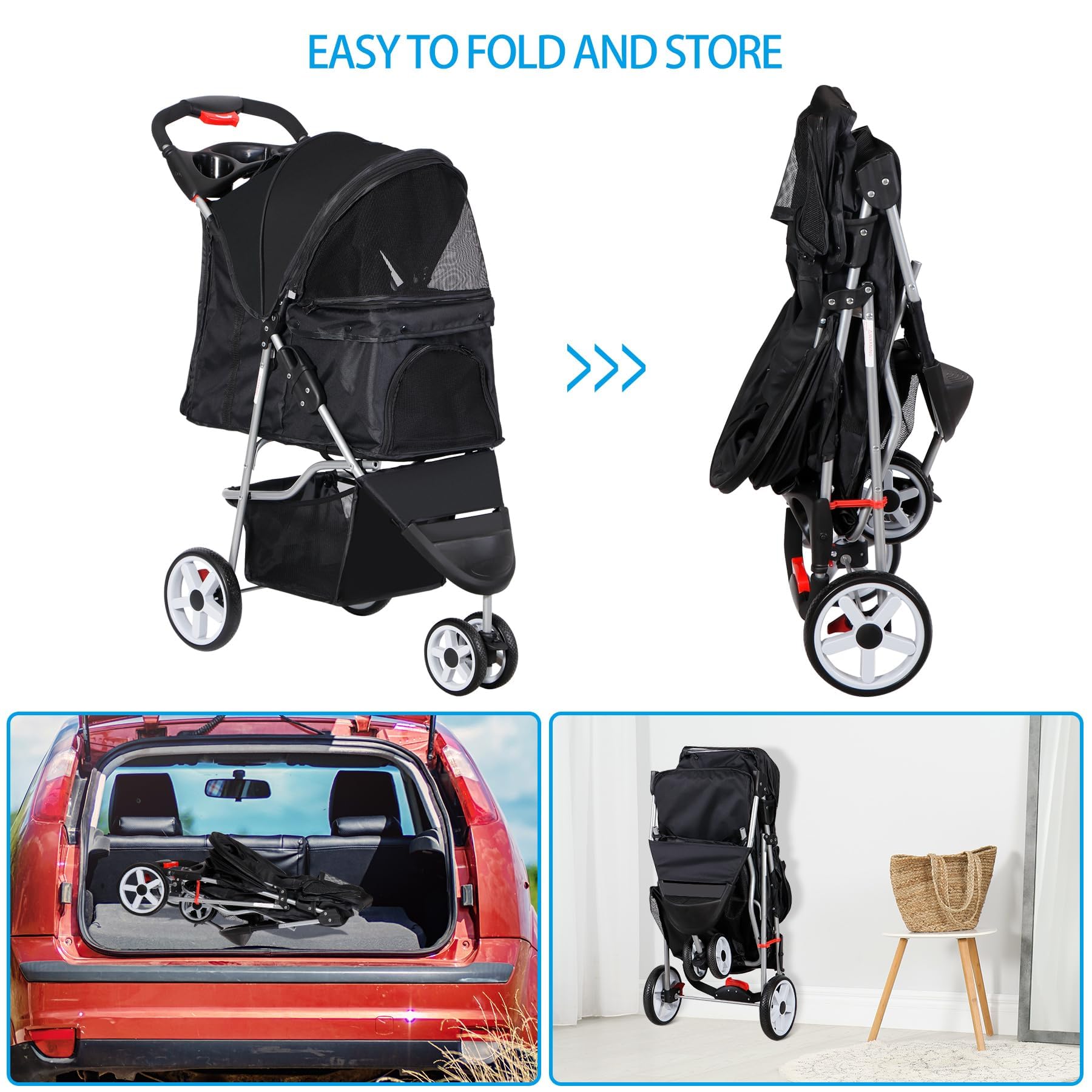 Foldable Pet Stroller For Cats And Dogs 3 Wheels Carrier Strolling Cart With Weather Cover, Storage Basket + Cup Holder (Black)