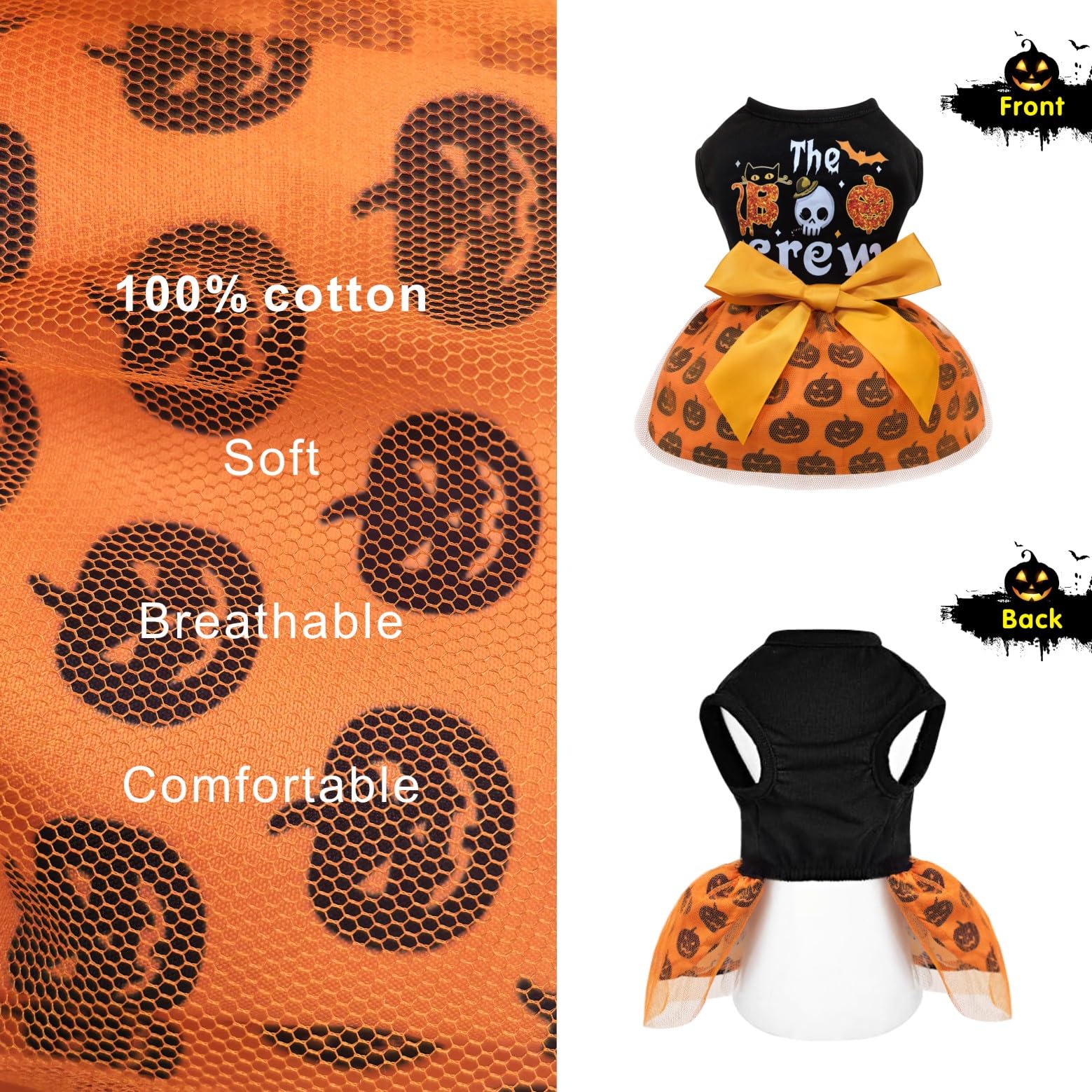 Idepet Dog Dress Halloween, Holiday Puppy Skirt Cute Boo Dog Costume Funny Pumpkin Print Pet Apparel Dog Clothes For Small Dogs