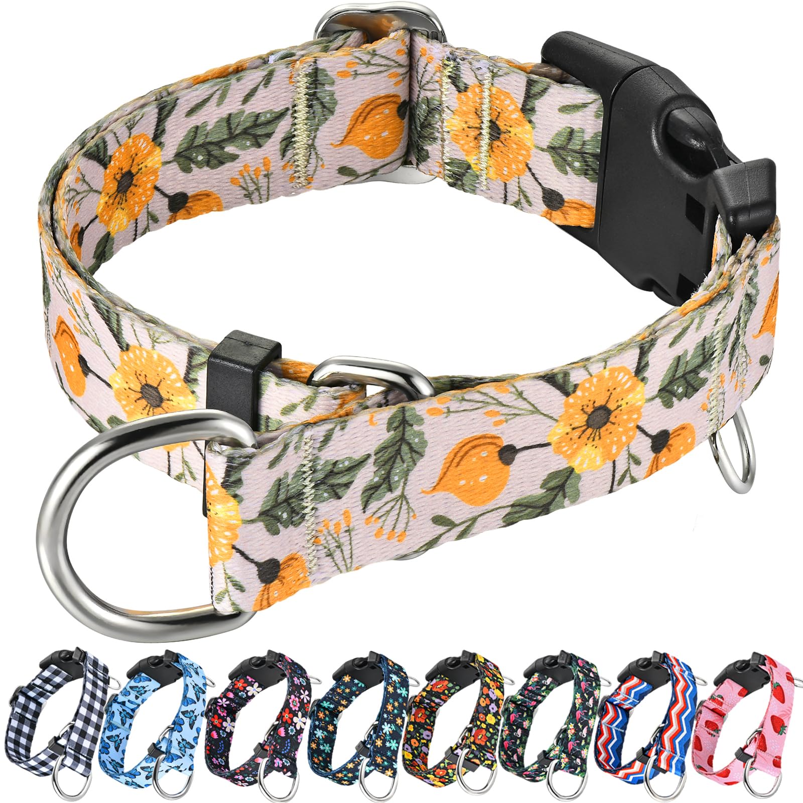 Fidohug Martingale Collar For Dogs With Buckle Anti Pull Adjustable Nylon Limited Slip Training Dog Collars (Beige Floral, Mediu