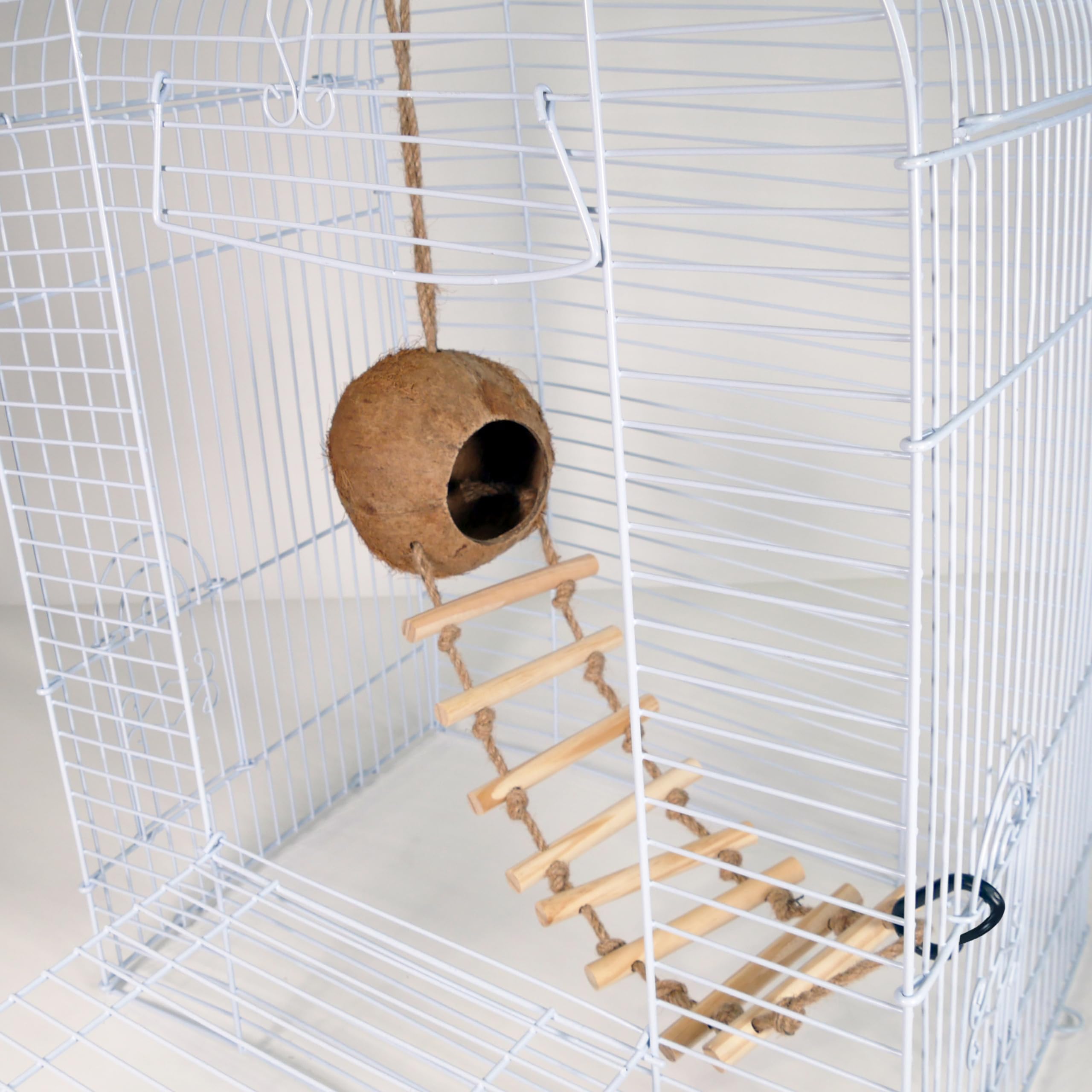 Bird Life Hanging Coconut Hide With Ladder - Perch Toy For Birds - Parrots, Parakeet, Conures, Cockatiel