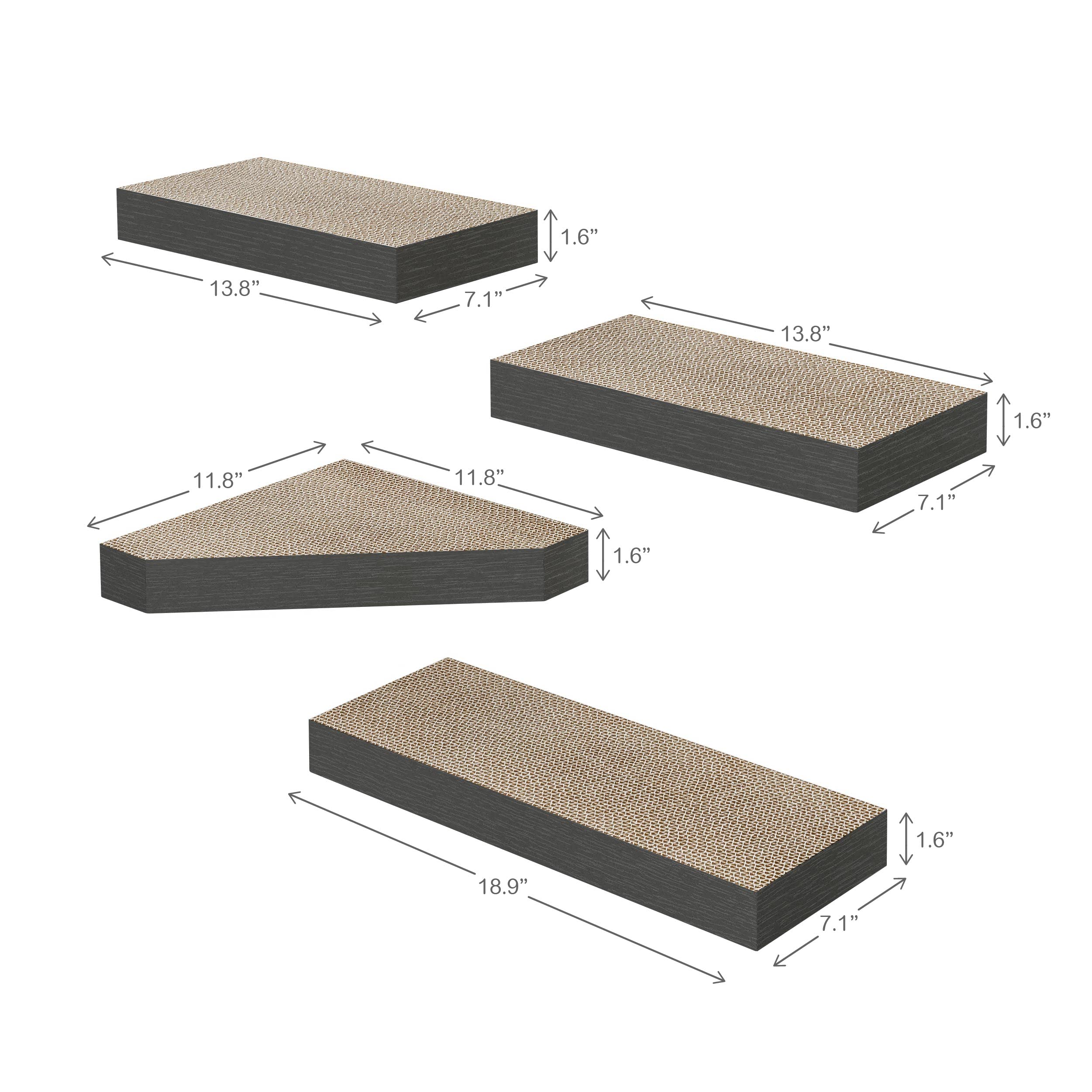 Way Basics Premium Cat Scratcher Floating Wall Shelf (4 Pack) (Charcoal Black)