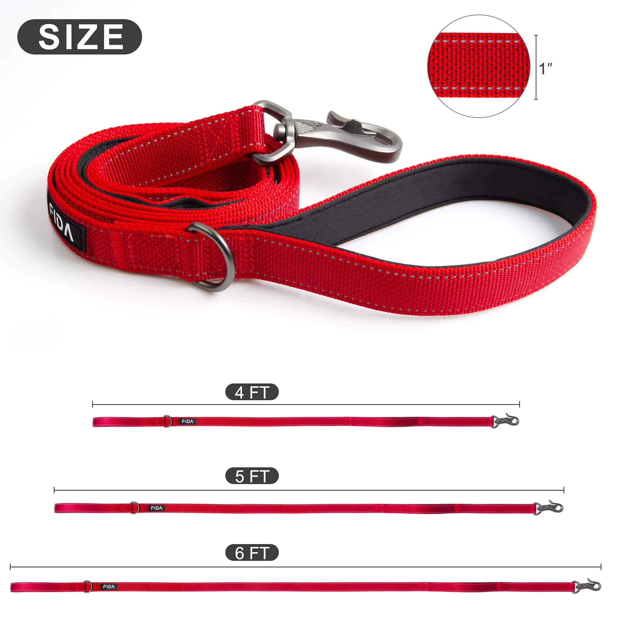 Fida Heavy Duty Dog Leash - 5 FT Nylon with Padded Handles, Reflective, Red