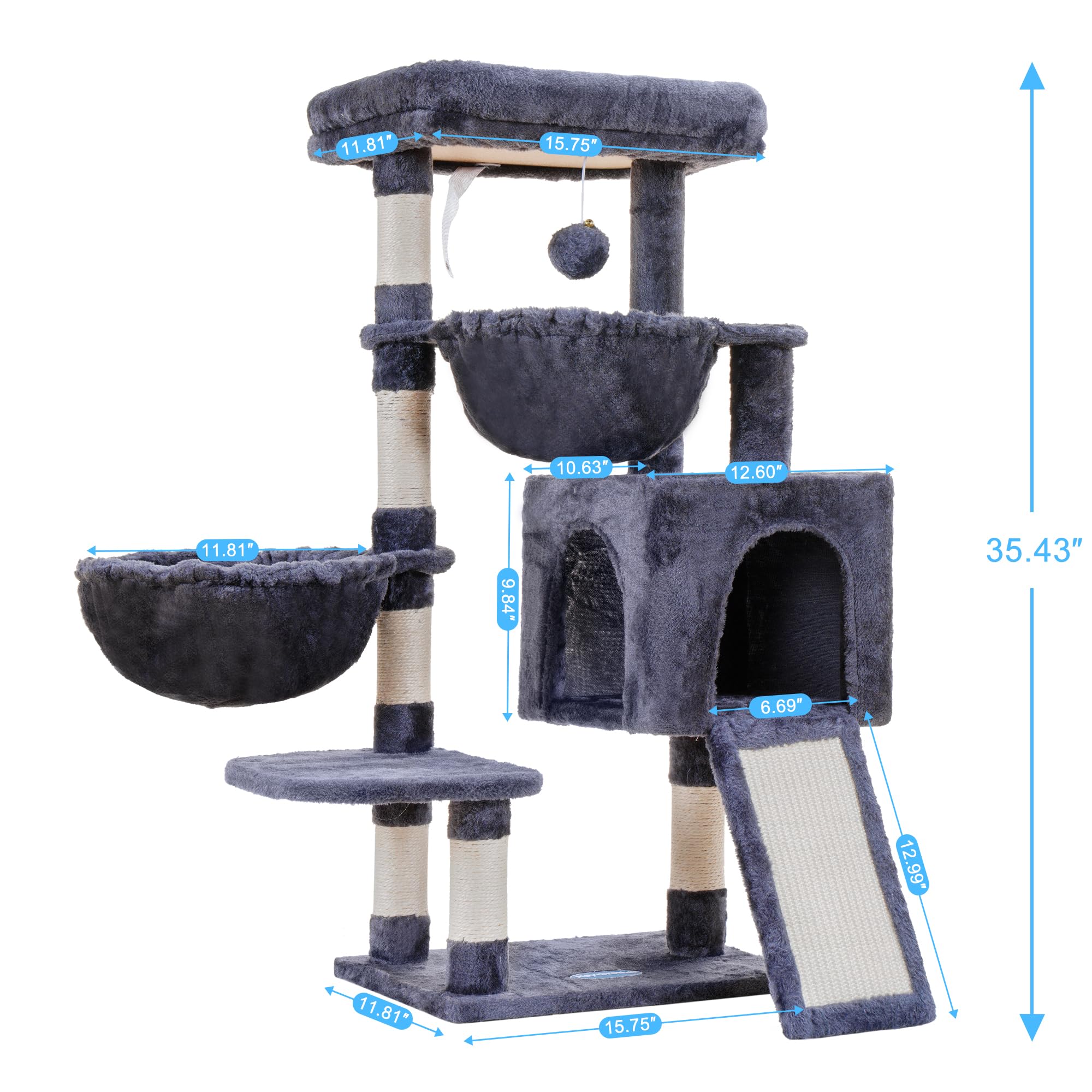 Hey-Brother Cat Tree, Cat Tower For Indoor Cats, Cat House With Large Padded Bed, Cozy Condo, Hammocks, Sisal Scratching Posts, Big Scratcher, Smoky Gray Mpj006Sg