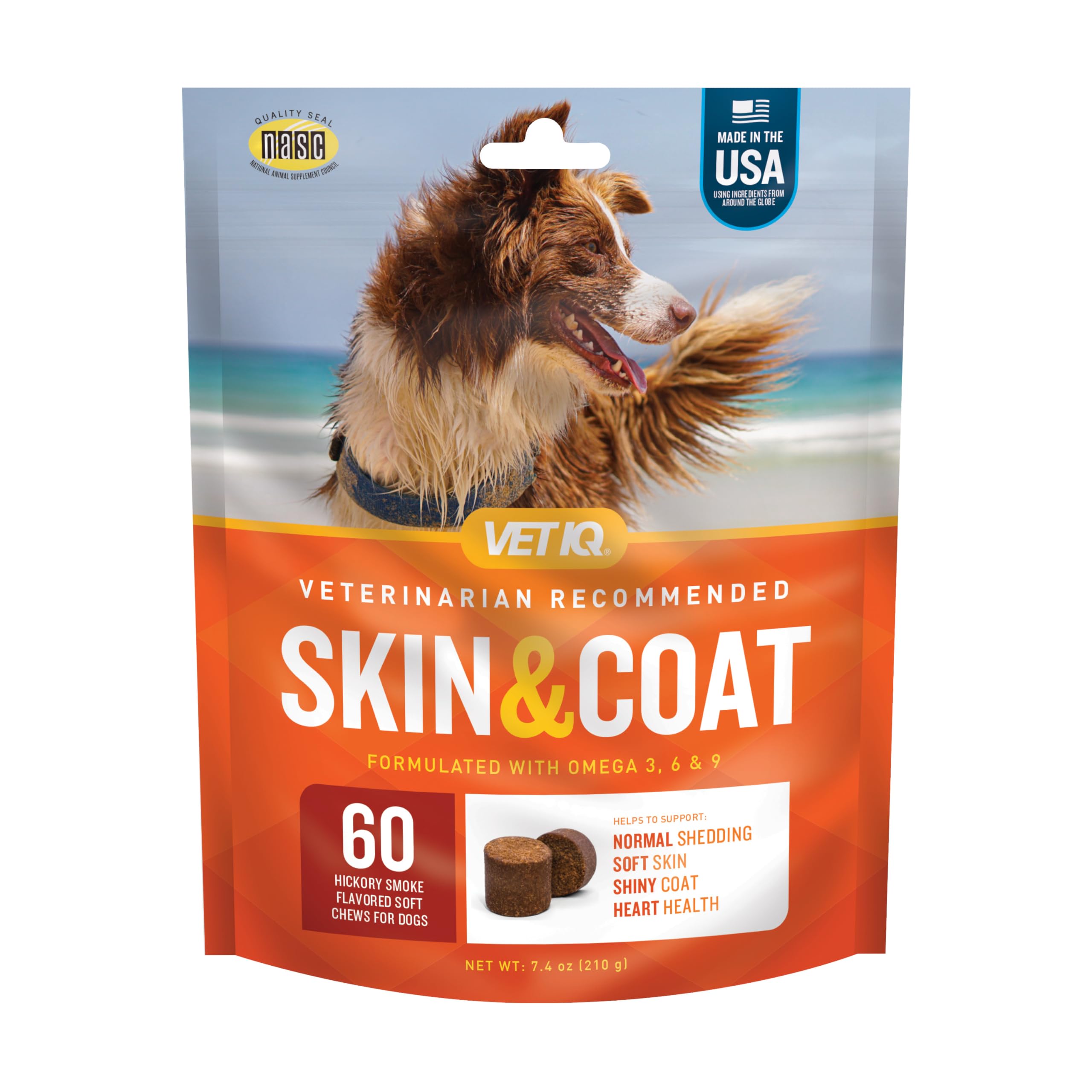 VetIQ Skin and Coat Supplement for Dogs, Helps Maintain Healthy Skin and Shiny Coat, Hickory Smoke Flavor Dog Chew, 60 Count