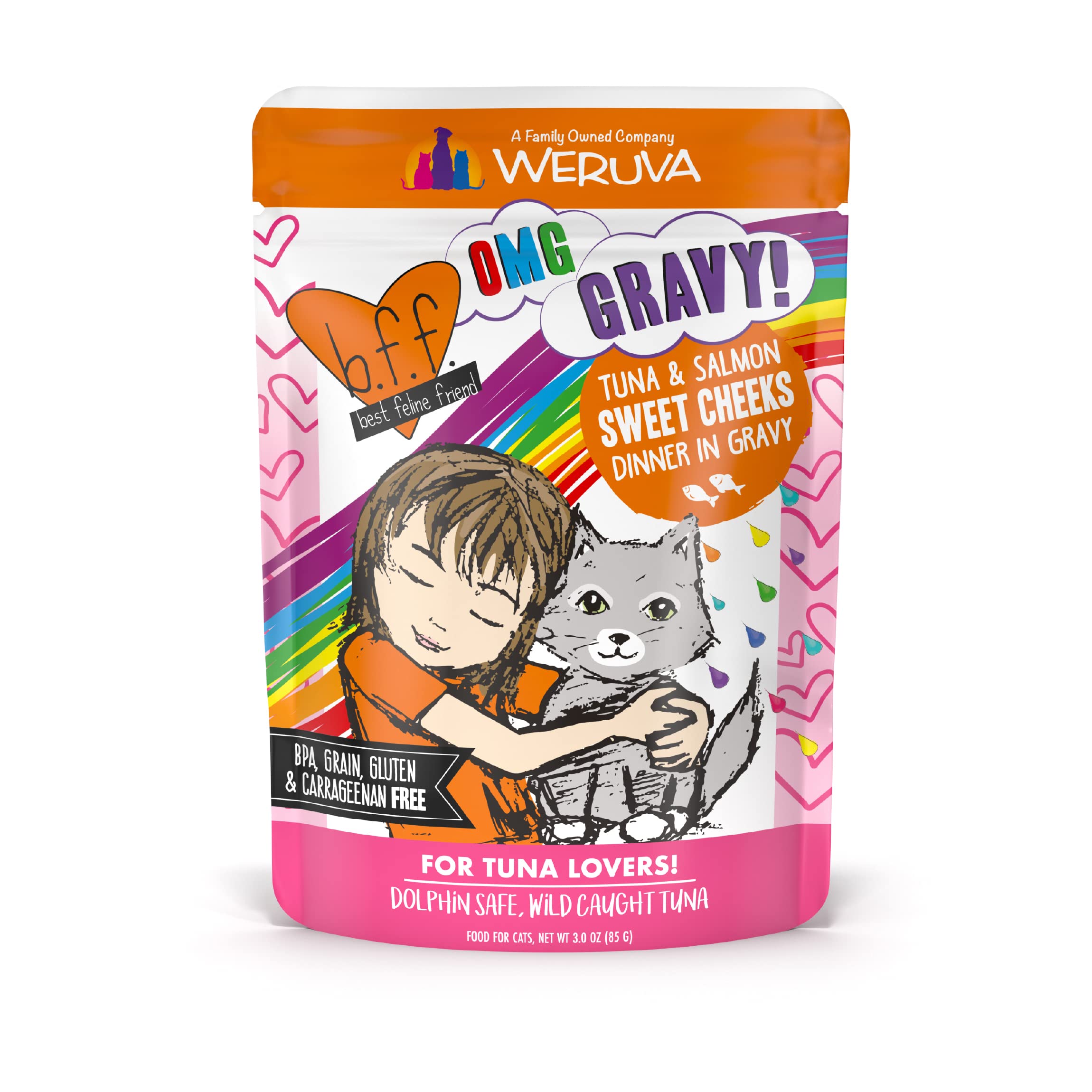 Weruva B.F.F. OMG - Best Feline Friend Oh My Gravy!, Tuna & Salmon Sweet Cheeks with Tuna & Salmon in Gravy Cat Food, 3oz Pouch