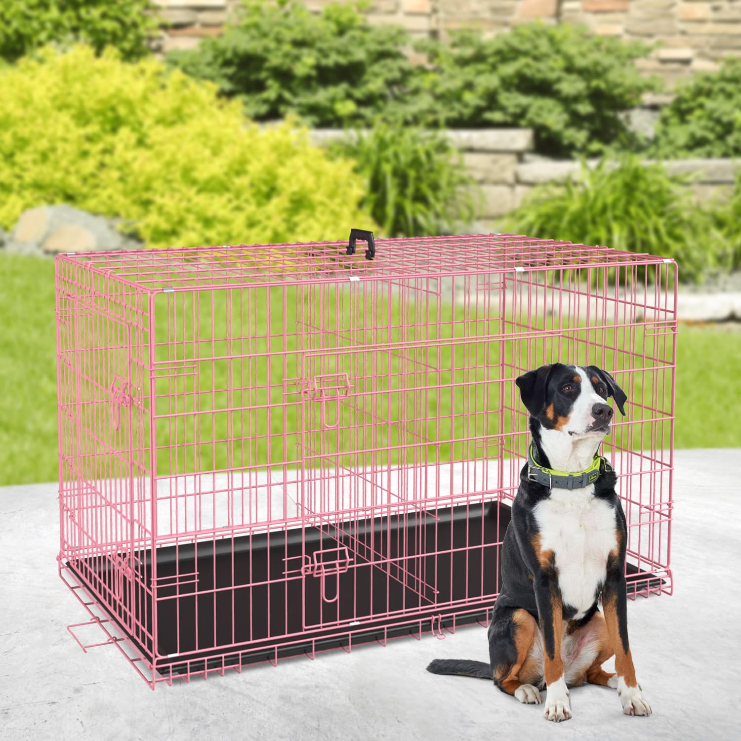 Home For Pets Dog Crate Cage Extra Folding Large Double Door Pet Crate,Includes Divider And Tray,48,Pink