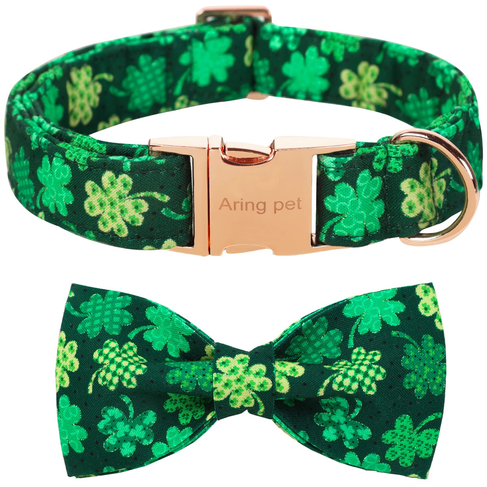 Aring Pet St. Patrick'S Day Dog Collar-Cute Clovers Dog Collar With Bow, Cotton Trefoil Bowtie Dog Collars With Metal Buckle For