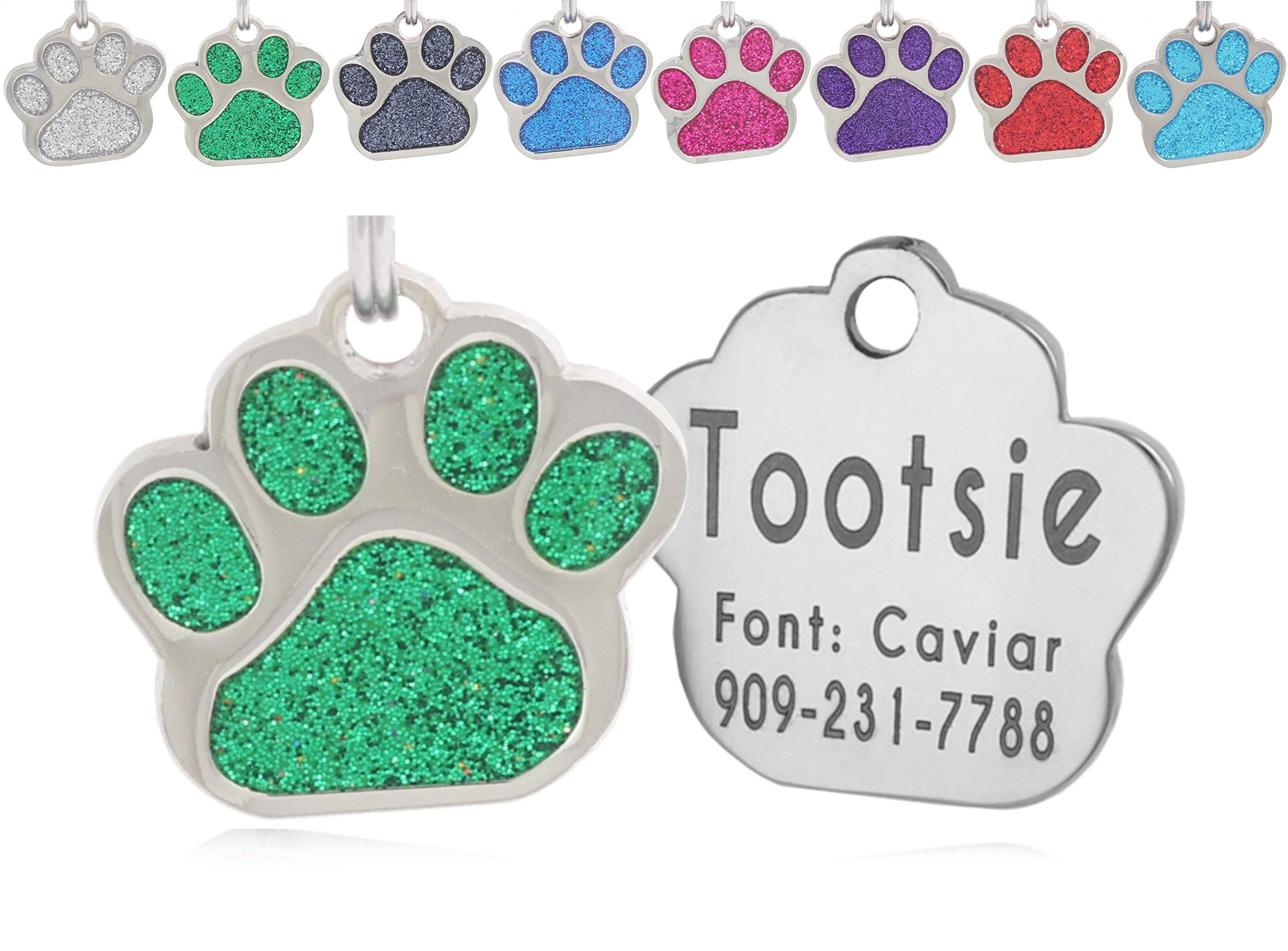 Io Tags Pet Id Tags, Personalized Dog Tags And Cat Tags, Custom Engraved, Easy To Read, Cute Glitter Paw Pet Tag (Green)