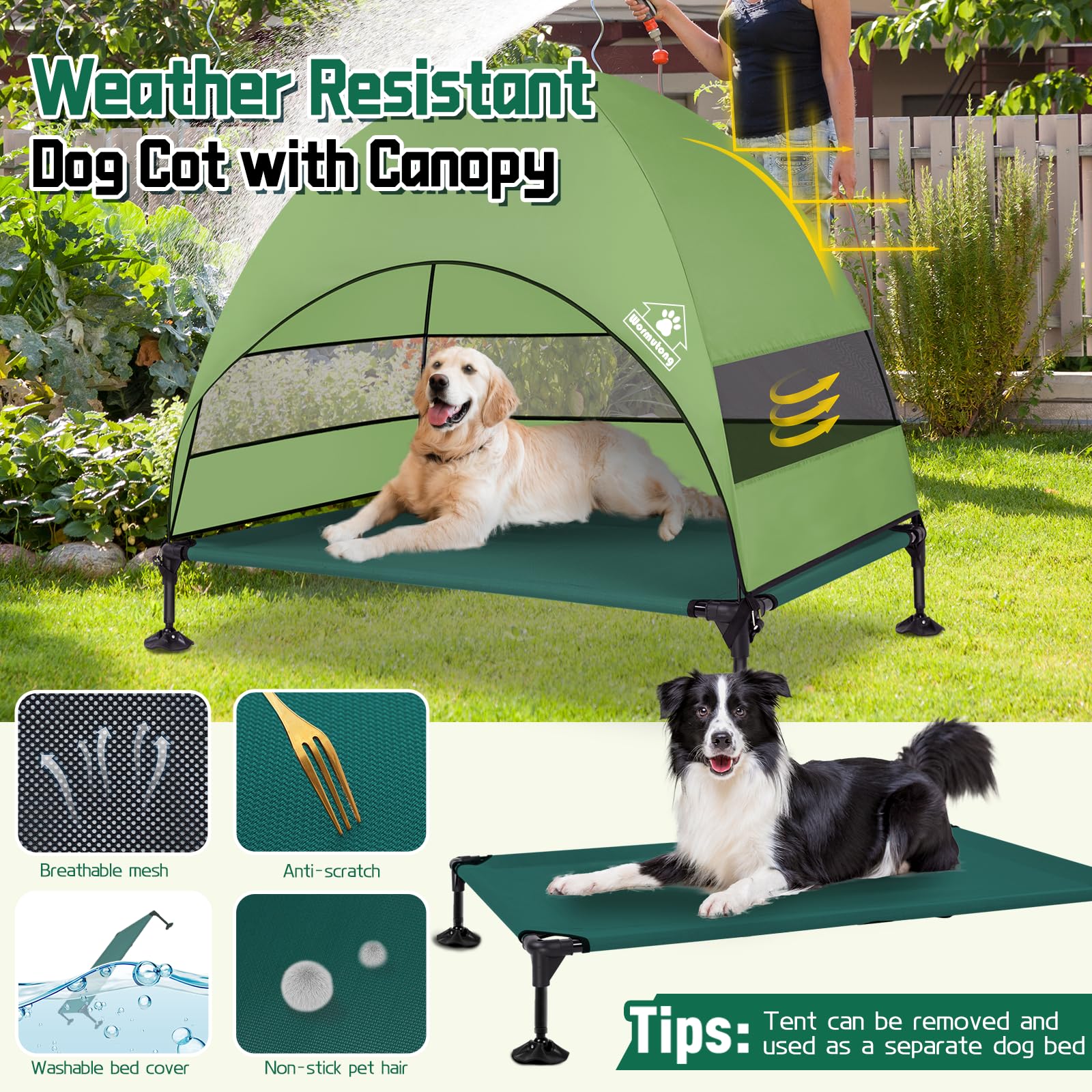Elevated Outdoor Dog Bed With Canopy, Raised Outside Cot With Stable Adjustable Feet, Dog Camping Bed With Larger Shade, Lifted