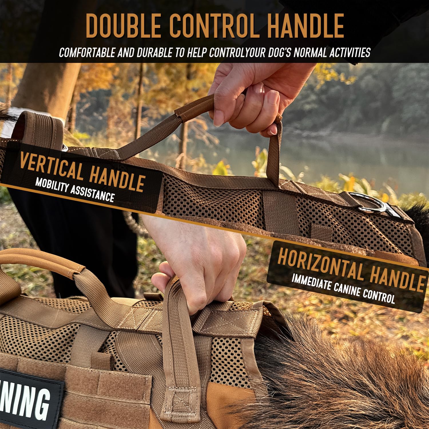 Dnallrino Tactical Dog Harness - Large, Breathable Nylon Vest, Army Brown, Model T23, No Pull with Double Handles for Hiking & Training