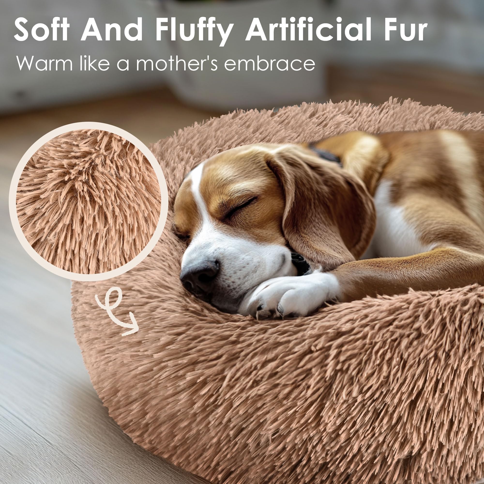 28In Large Dog Bed, Medium Size Dog And Cats, Calming Donut Bed For Puppy And Kitten, Washable Round Fluffy Pet Bed (Camel)