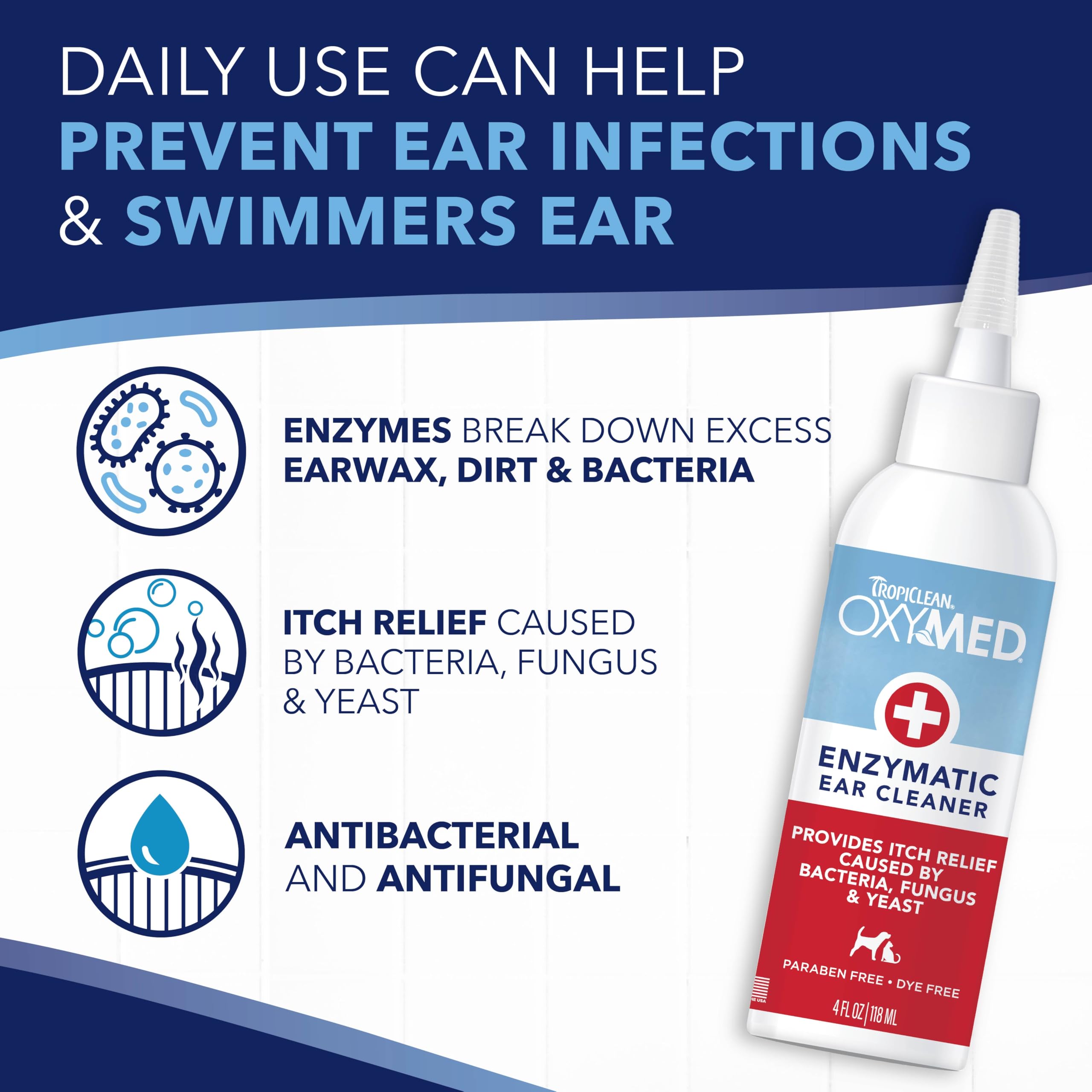 TropiClean OxyMed Enzymatic Dog Ear Cleaner, Treatment for Dogs, Vet Recommended Ear Cleaning Solution, Daily Wash Drops, Safe f