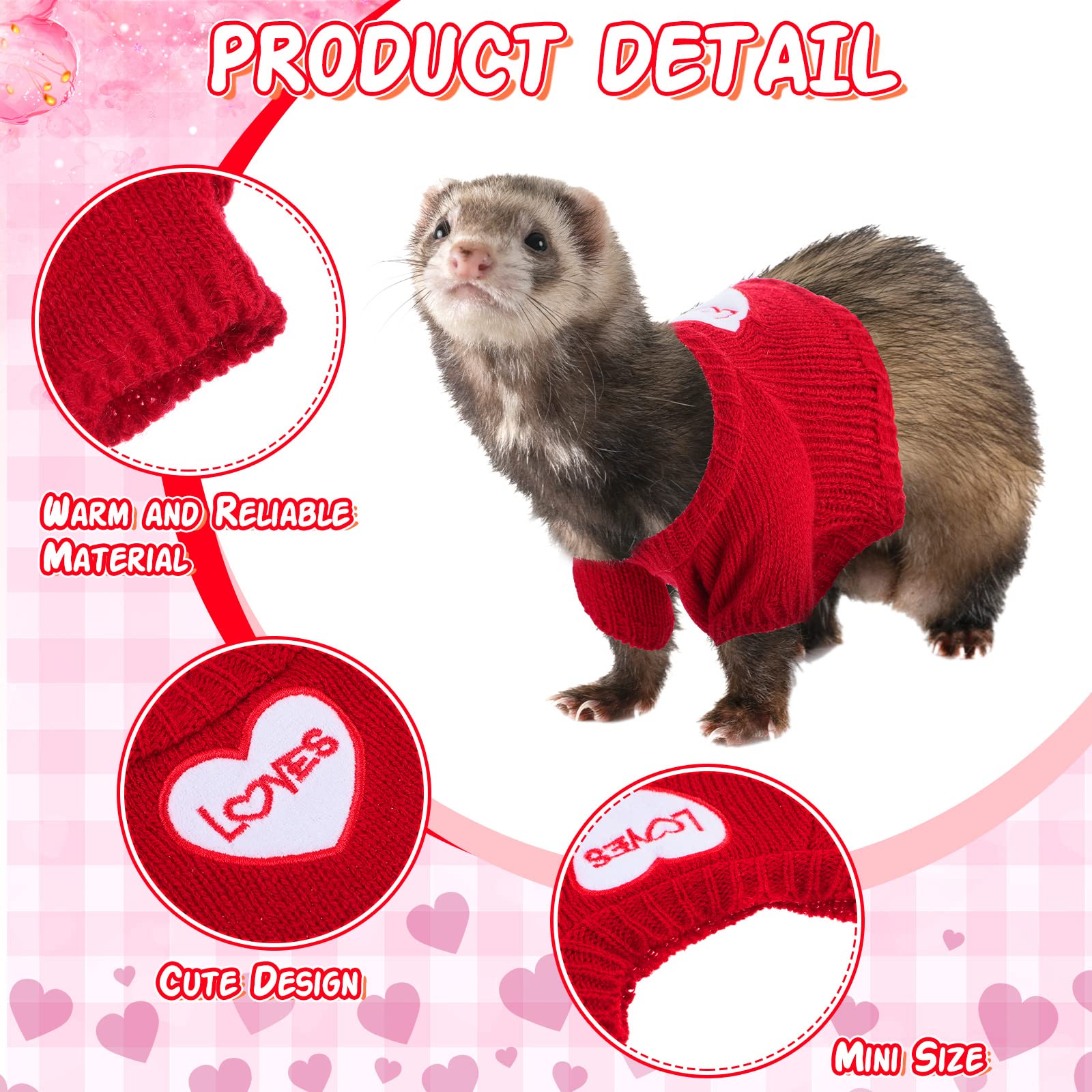 4 Pcs Ferret Clothes Hamster Sweater Guinea Pig Clothes Bunny Costume Knitted Sweatshirt for Warm Winter Valentine Christmas Ves