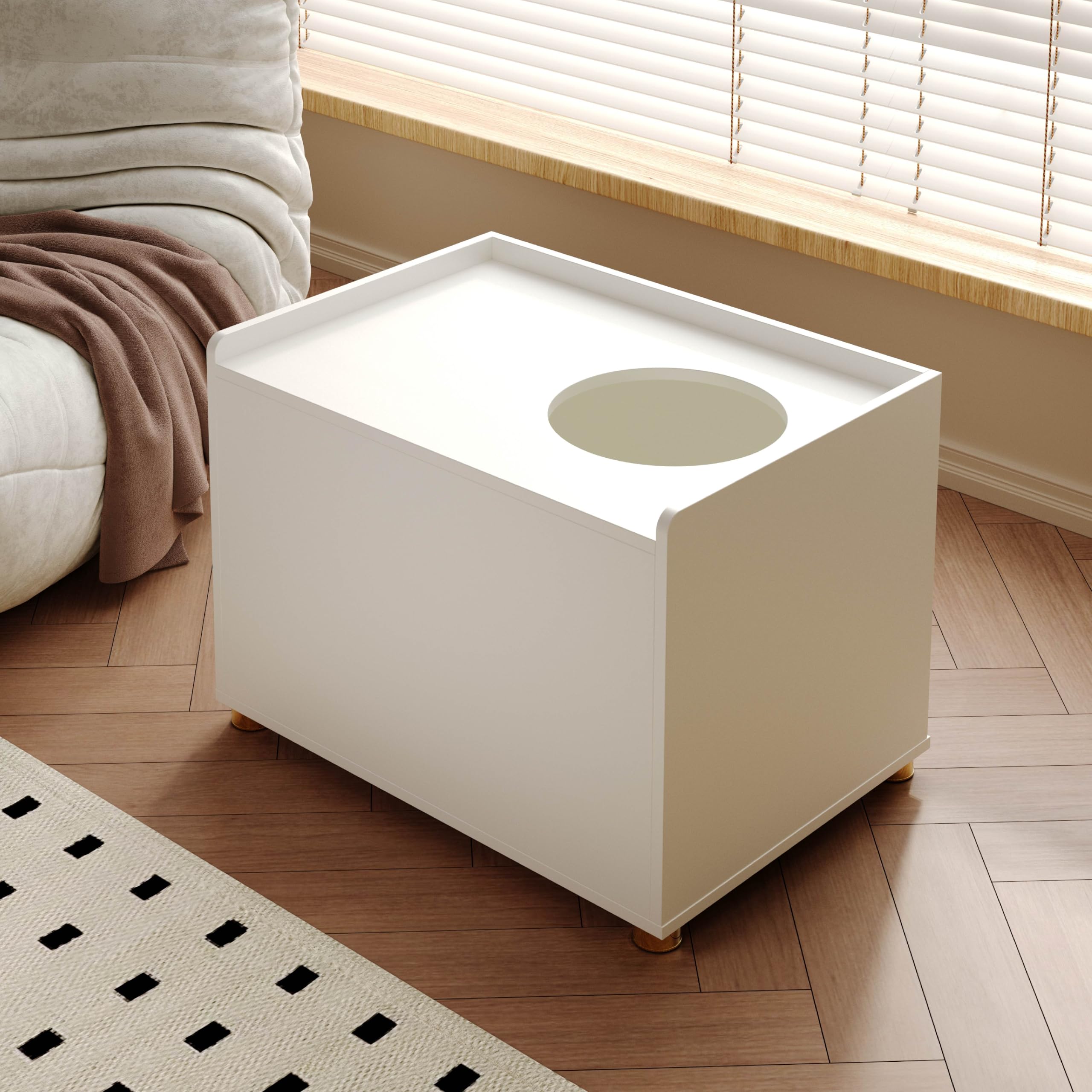 Amunrbrek Top Entry Litter Box Enclosure, Modern Flip Top Litter Box Furniture with Cat Scratch Mat, Side Table (White)