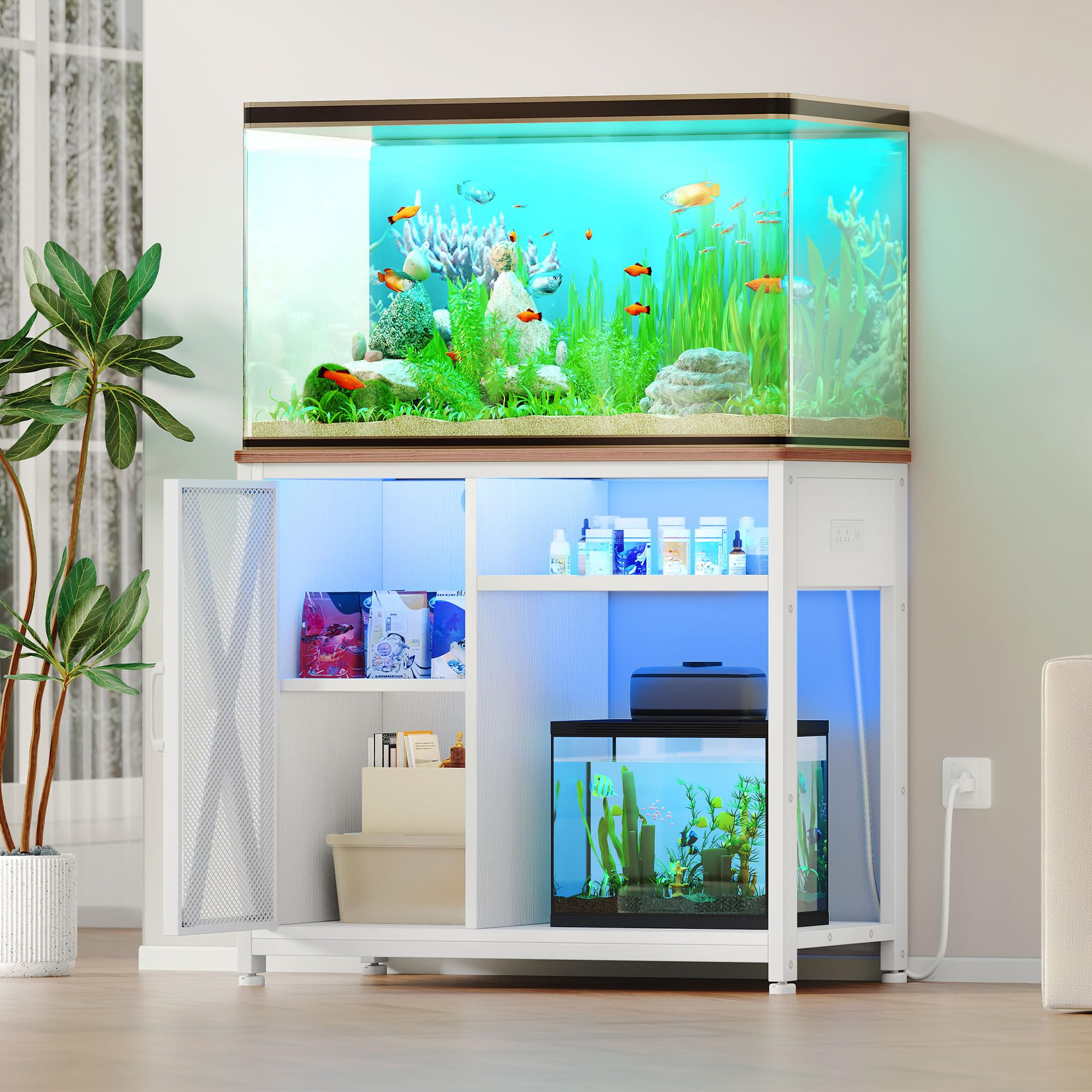 YITAHOME Fish Tank Stand with Power Outlets & LED Light, 40-50 Gallon Metal Aquarium Stand with Cabinet for Fish Tank Accessorie