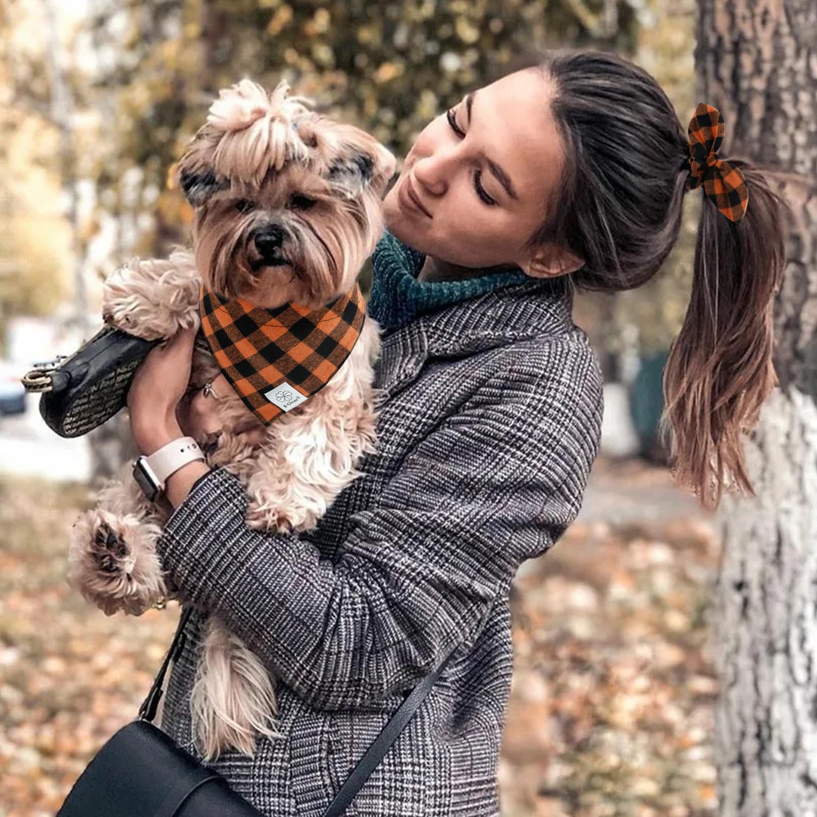 E-Clover Fall Dog Collar-Plaid Dog Collar Bandana & Matching Scrunchie Adjustable Dog Collars For Small Medium Dogs Cats Owner G