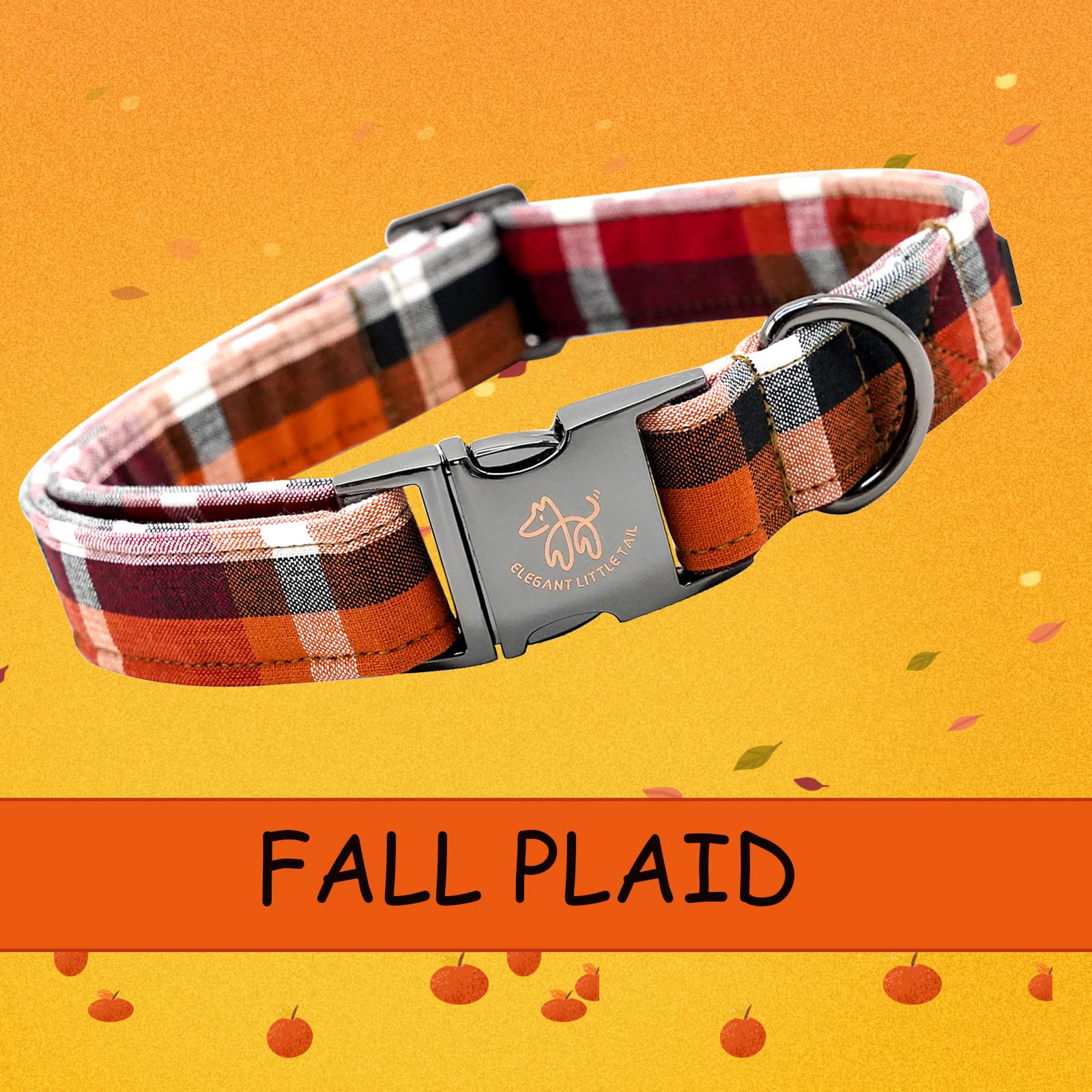 Elegant Little Tail Orange Plaid Cotton Dog Collar With Metal Buckle For X-Large Dogs