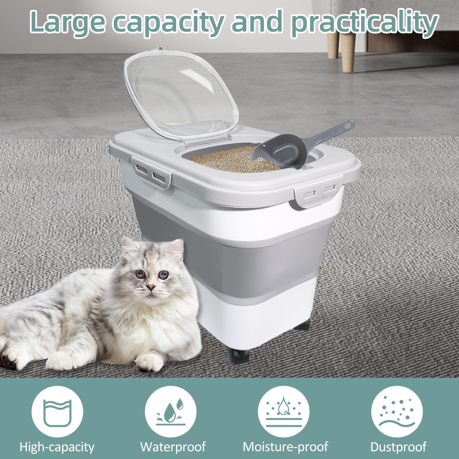 SECOAT Collapsible Cat Litter Storage Container, 20 lbs, Gray, BPA Free, with Rolling Casters and Airtight Lid