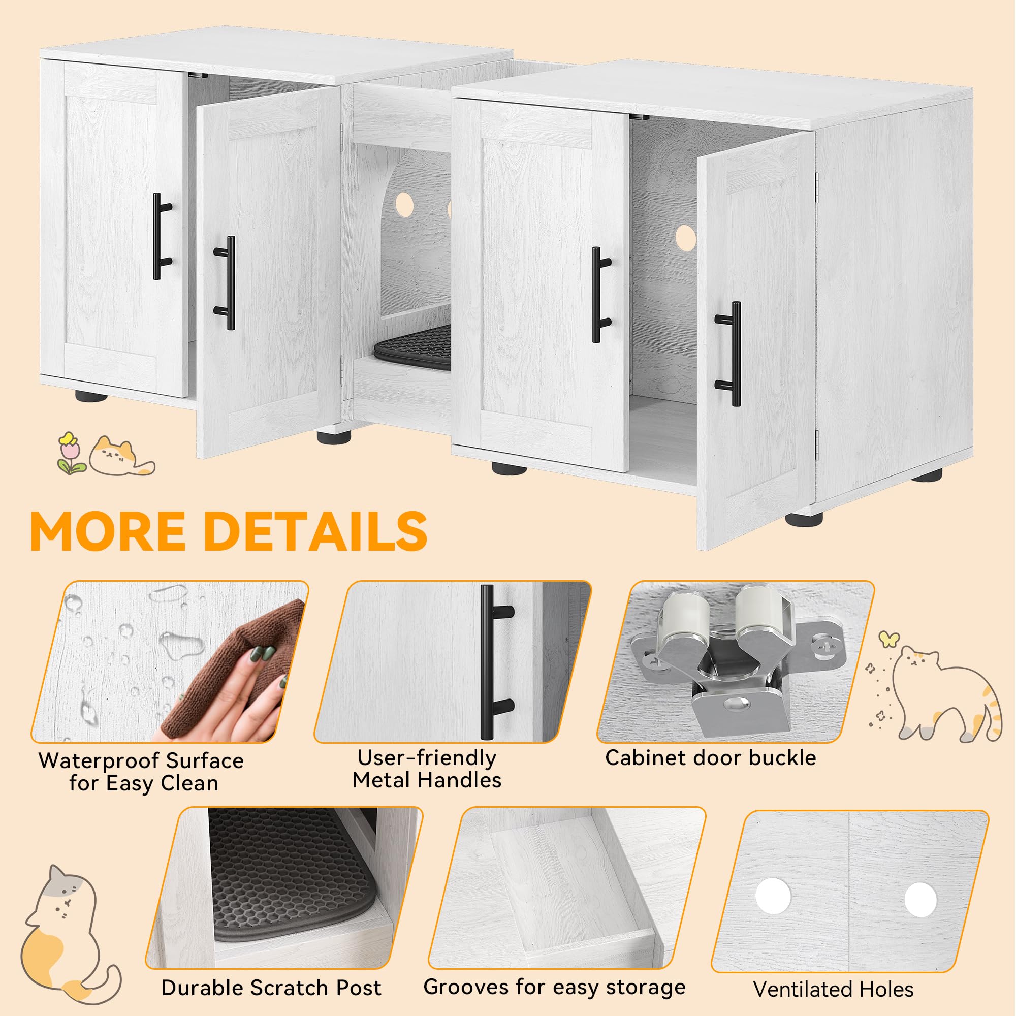 Gaomon Litter Box Enclosure With Double Cage, Cat House,Hidden Litter Box Enclosure Furniture For 2 Cats, Wooden Enclosed Cat Li