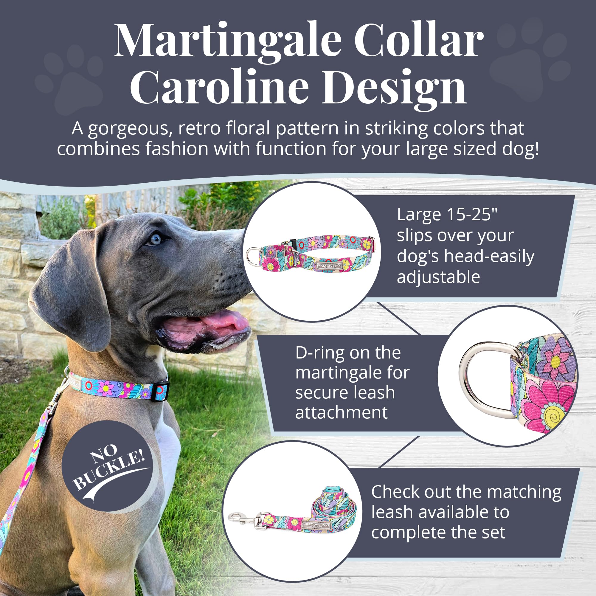 Lucky Love Dog Martingale Collar, Premium No Slip Martingale Collar For Large Dogs, Great For Whippets, Greyhounds, And More (Ca