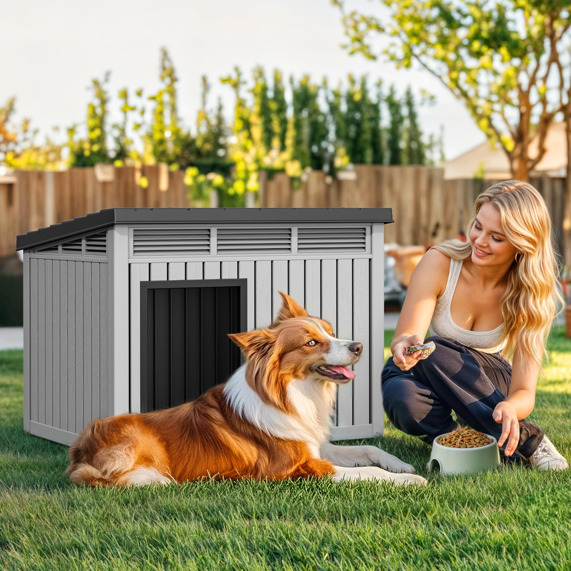 YITAHOME Plastic Dog House - Waterproof & Ventilated Indoor/Outdoor Kennel for Small to Medium Dogs, Gray, Model MAYIHdlwby