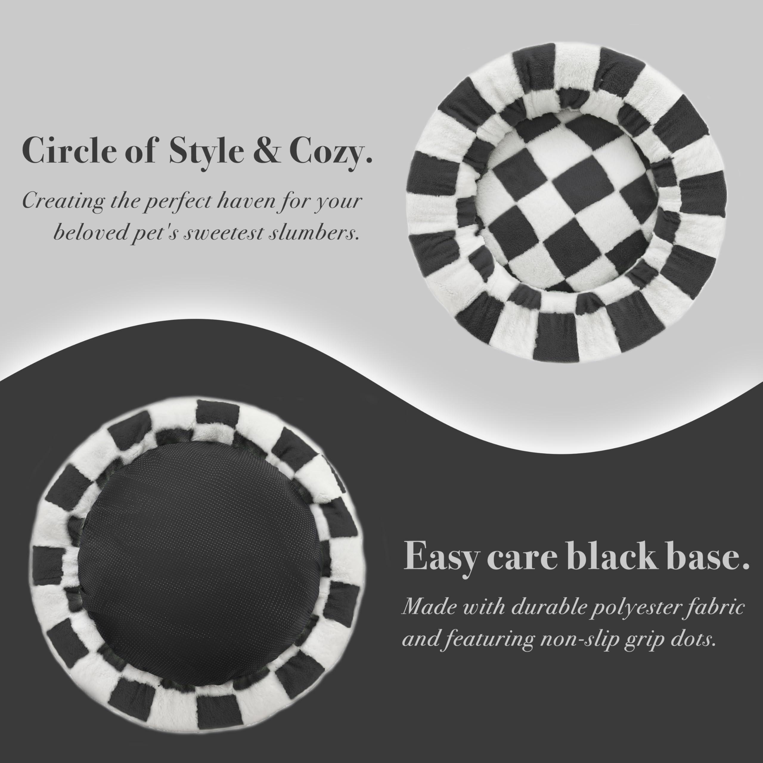Ohocut Checkered Cat Dog Bed, Cute Black White Retro Style Aesthetic Round Warming Pet Calming Beds For Small Dog And Cats, Plus
