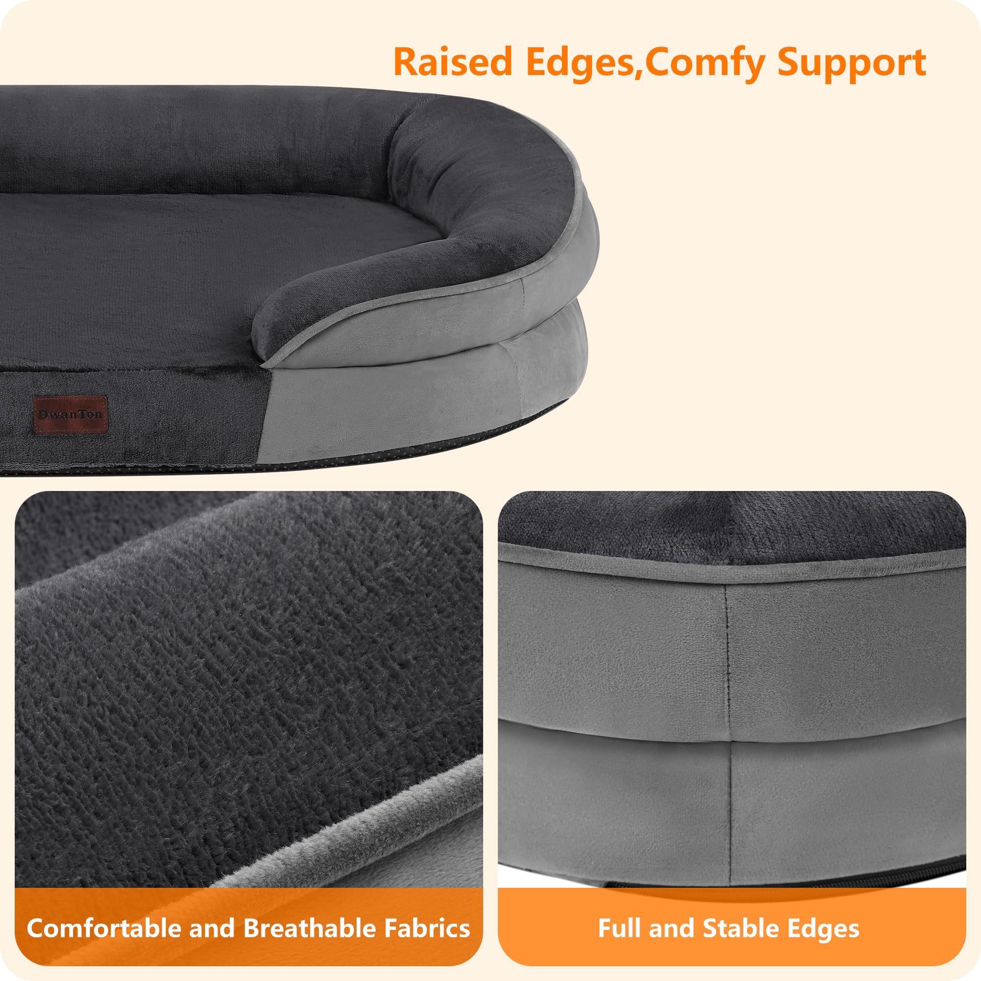 Dwanton Large Orthopedic Dog Bed, Waterproof Egg Foam Support, Washable, Dark Gray, 38" x 28.5" x 6", Non-Slip Bottom with Bolster Cushion