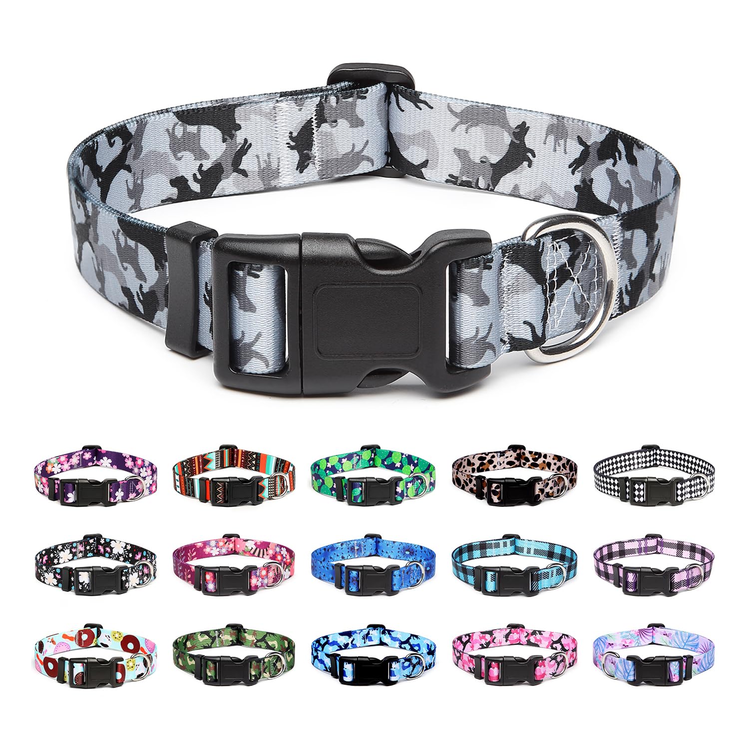 Mercano Adjustable Dog Collar - Special Design Patterns, Soft Nylon Comfortable Durable Pet Collar For Small Medium Large Dogs (S, Dog Camouflage Grey)