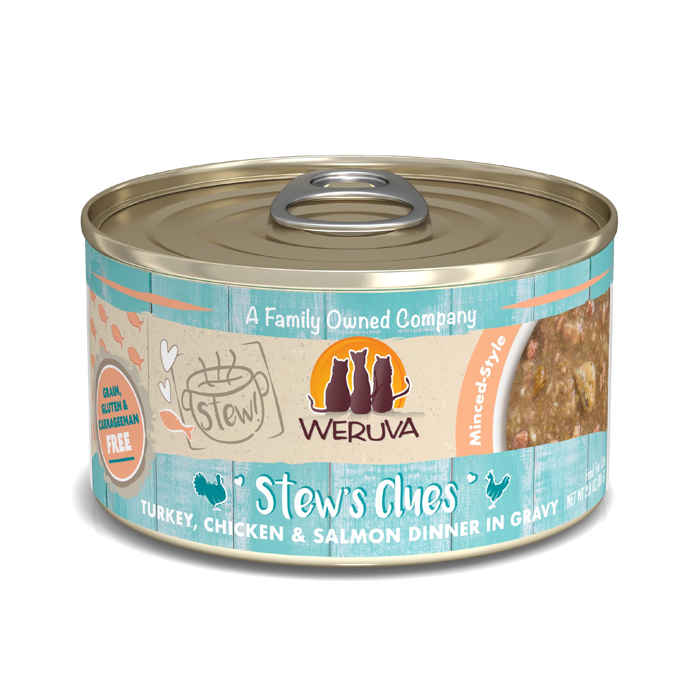 Weruva Classic Cat Stews!, Stews Clues with Turkey, Chicken & Salmon in Gravy, 2.8oz Can (Pack of 12)