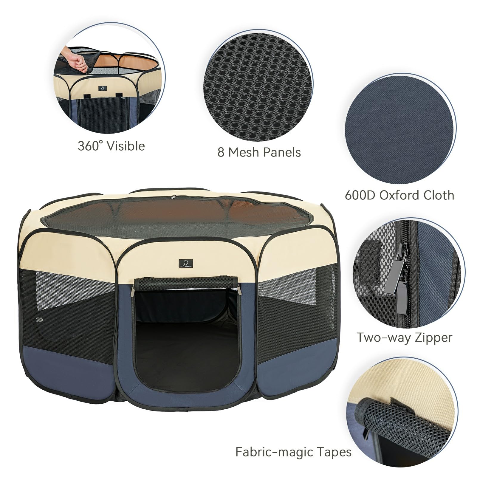 A 4 Pet Portable Dog Playpen, Medium 39.5"x39.5"x20", Blue/Beige, Removable Zipper, Collapsible Bowl, Indoor/Outdoor Use