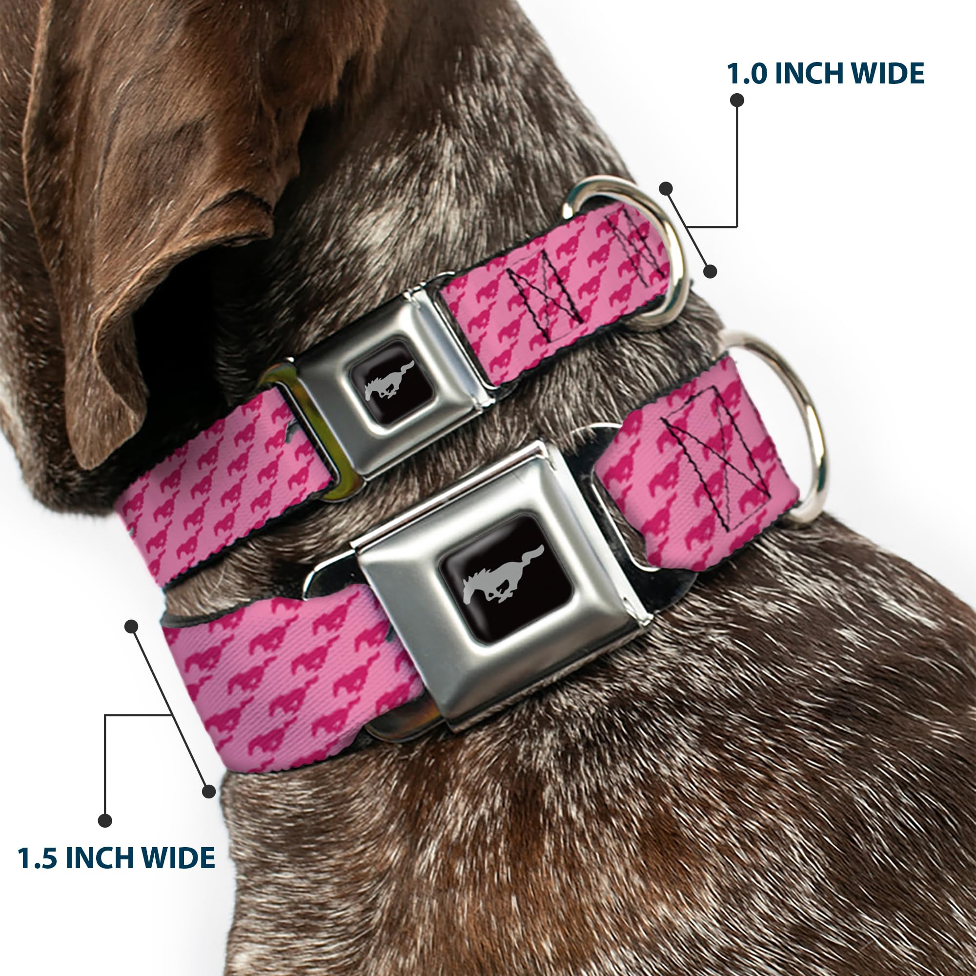 Buckle-Down Dog Collar Seatbelt Buckle Ford Mustang Bars Text Pink Logo Repeat 18 To 32 Inches 1.5 Inch Wide, Dc-Wfm010-Wl