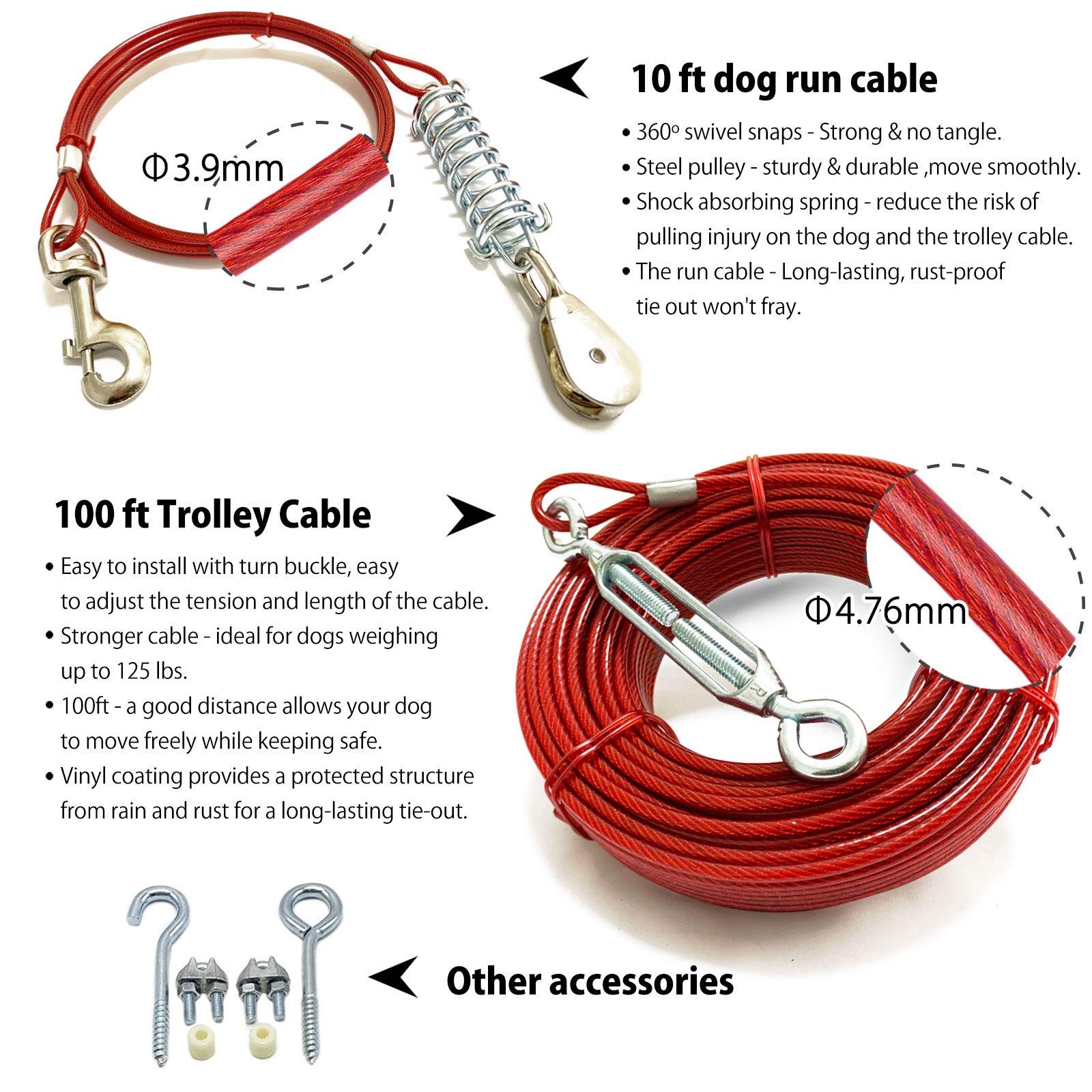 Pestairs Heavy Duty Dog Tie Out Trolley System - 100ft Cable for Dogs up to 125 lbs, Red, Model PR-01