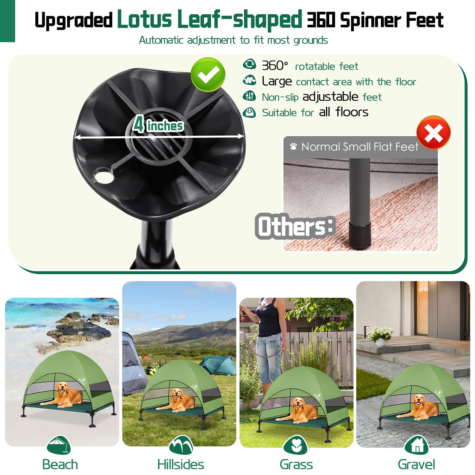 Elevated Outdoor Dog Bed With Canopy, Raised Outside Cot With Stable Adjustable Feet, Dog Camping Bed With Larger Shade, Lifted