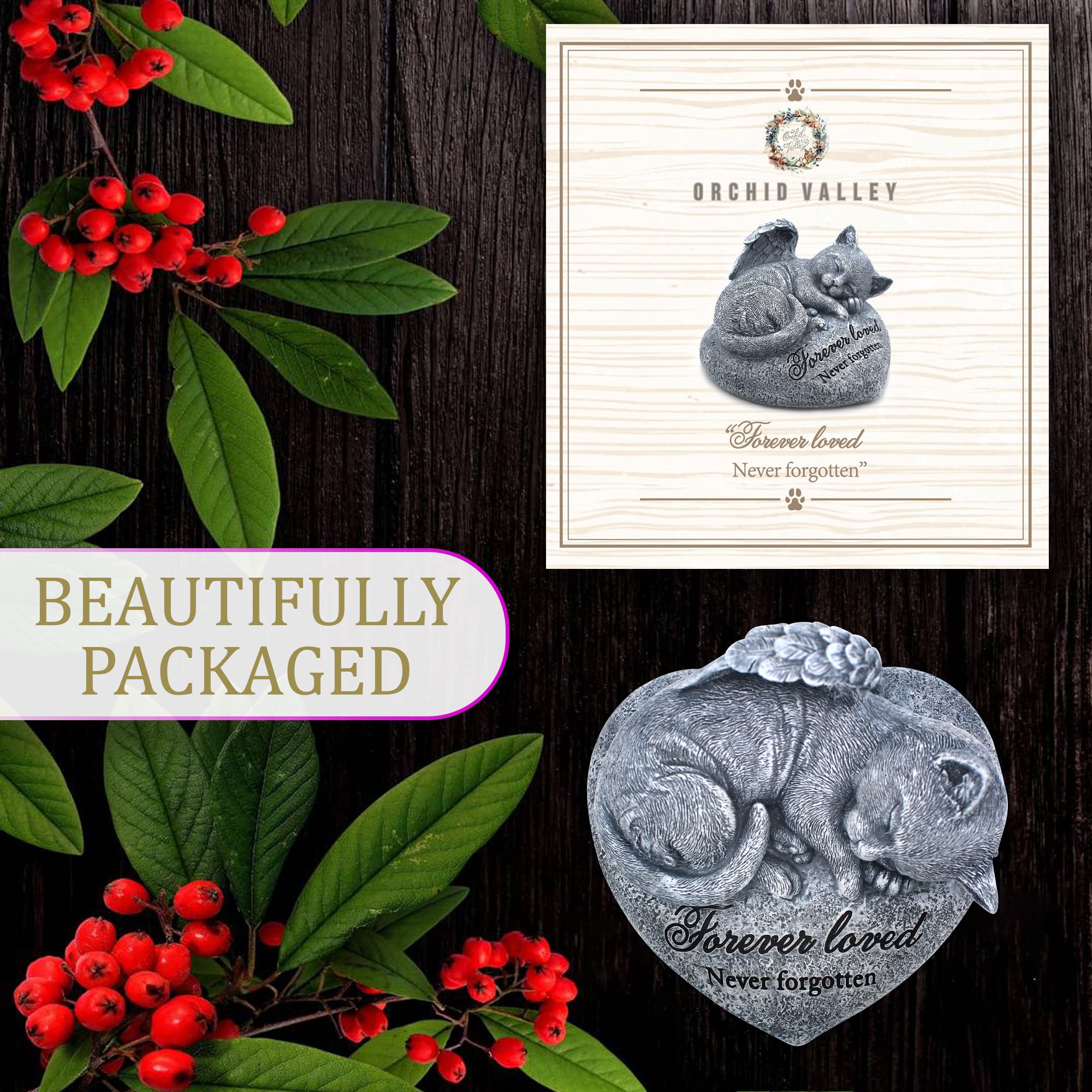 Orchid Valley Sleeping Cat Garden Statue - Pet Memorial Stone - Grave Marker - Beautifully Packaged Memorial Gift, Headstones Fo